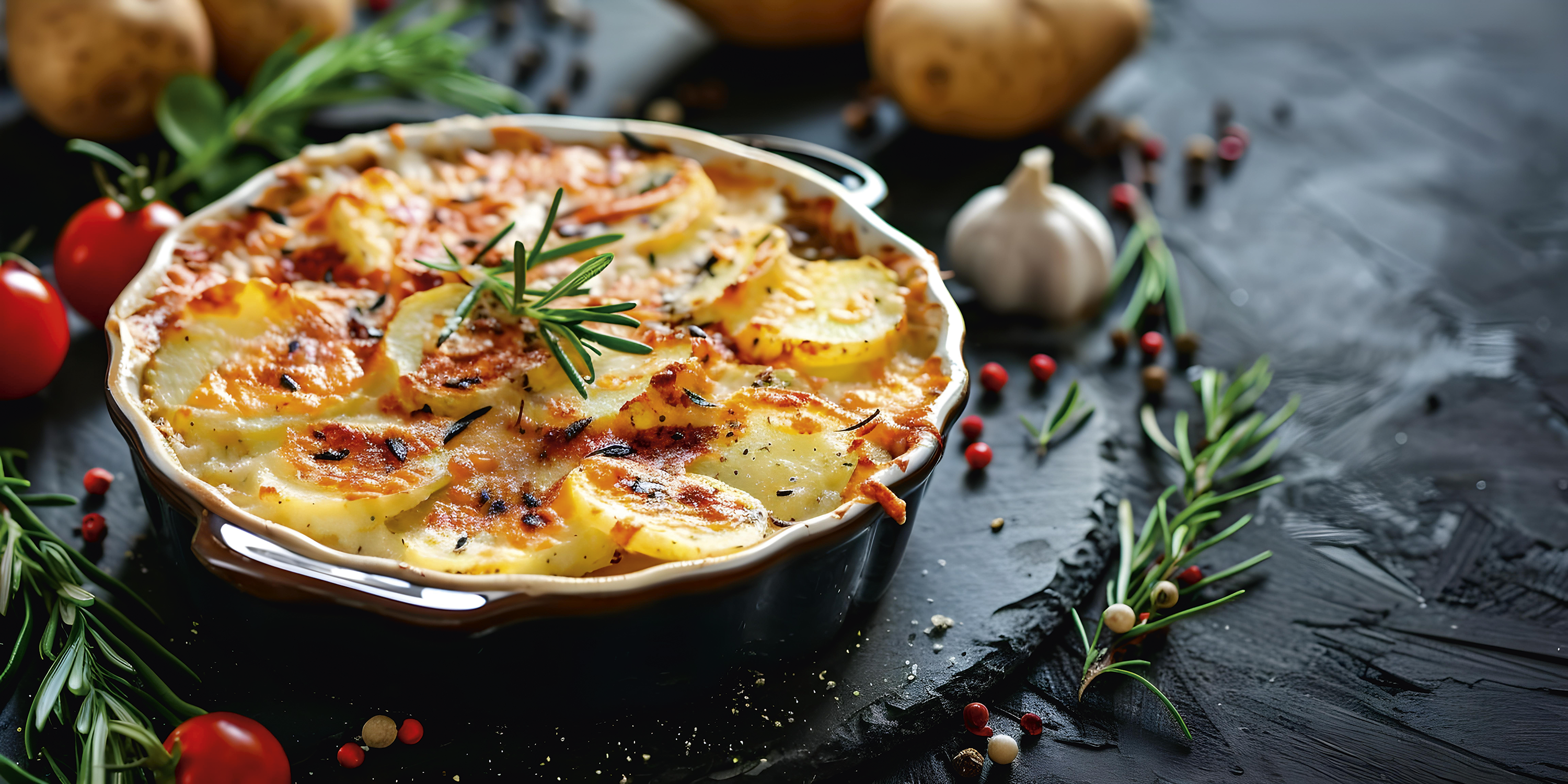 Kartoffelgratin mit Käse in einer Auflaufform, garniert mit Rosmarin, Tomaten und Knoblauch.
