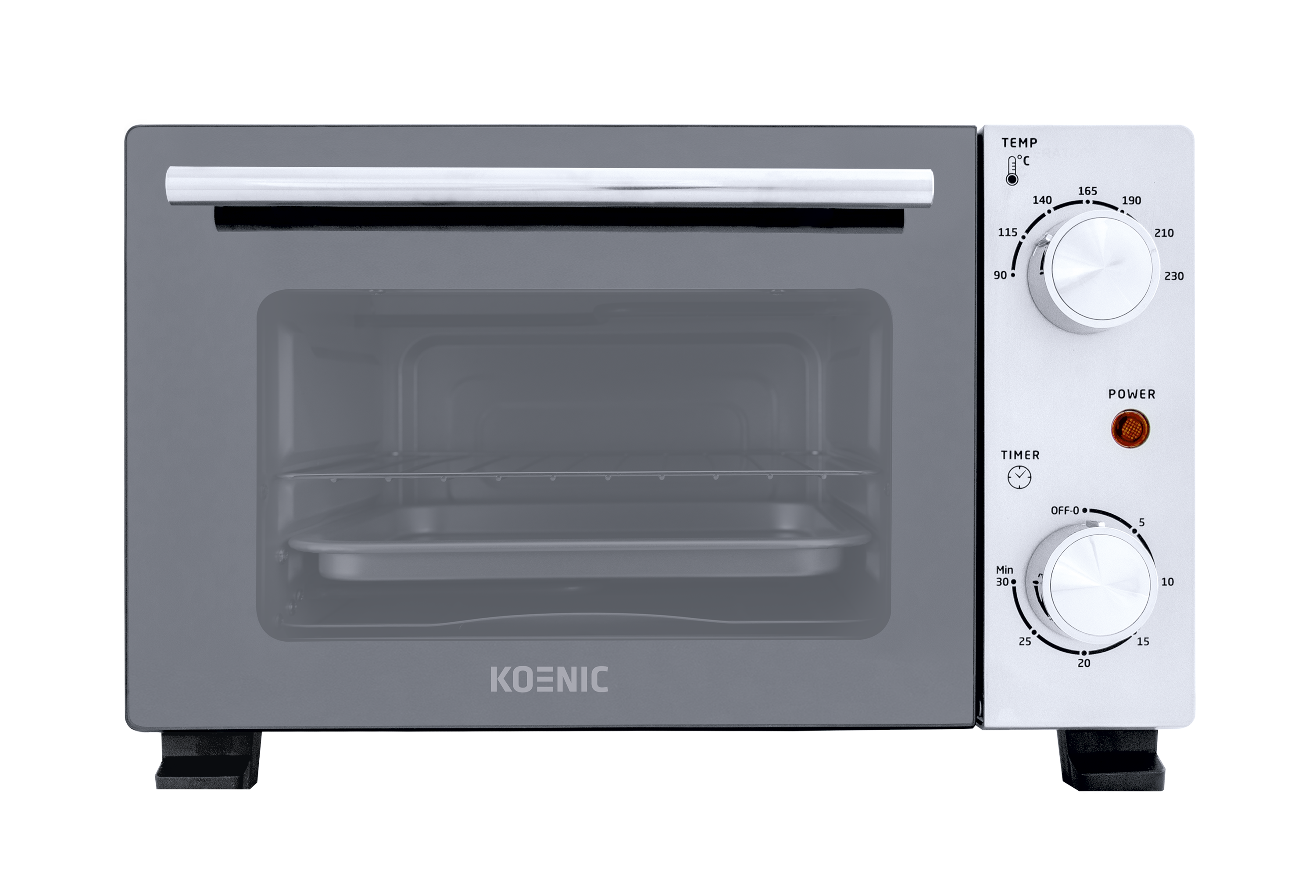 Grauer Minibackofen mit silbernem Griff und Bedienknöpfen für Temperatur und Timer.