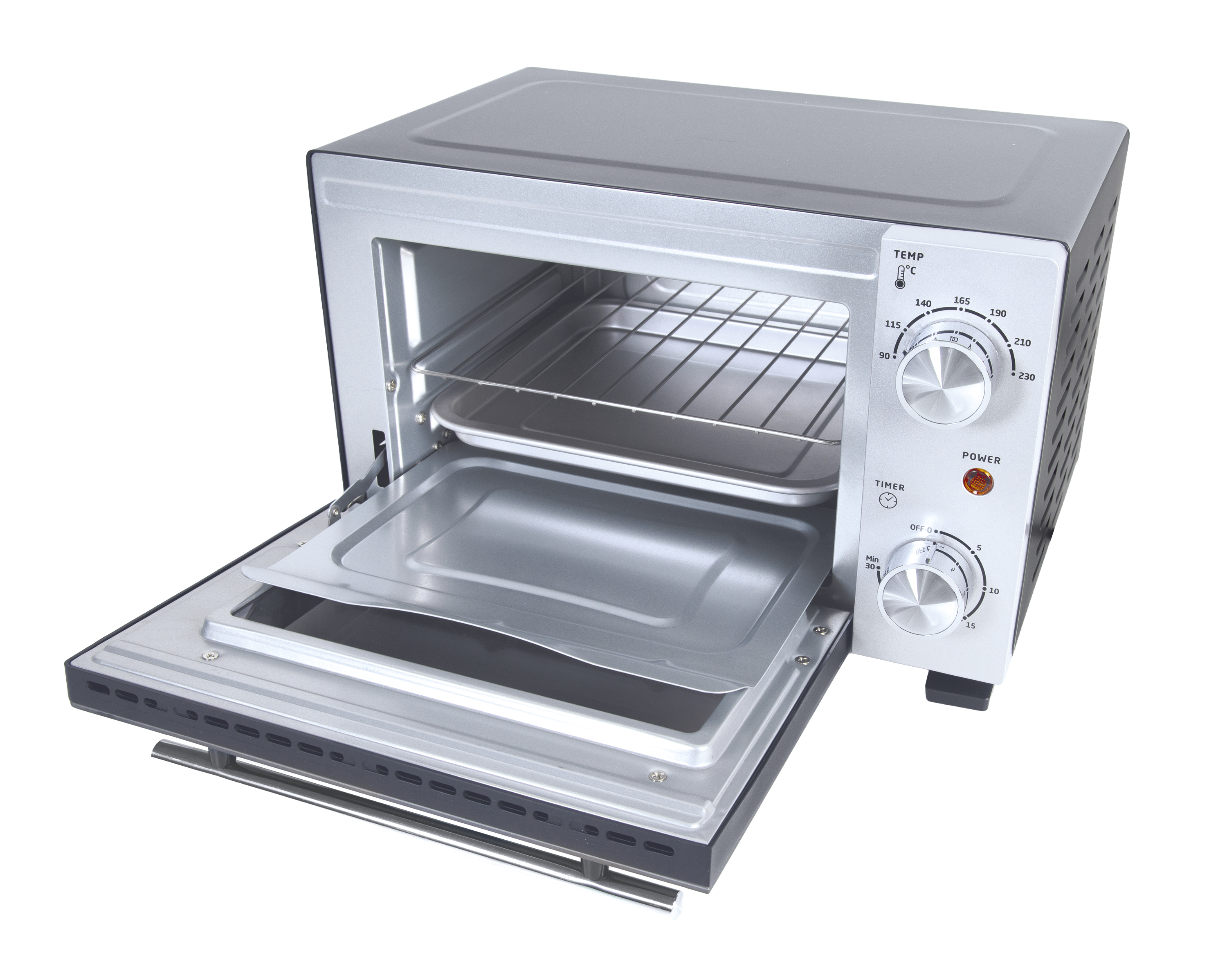 Ein silberner Minibackofen mit geöffneter Tür und einem Rost und Backblech im Inneren.
