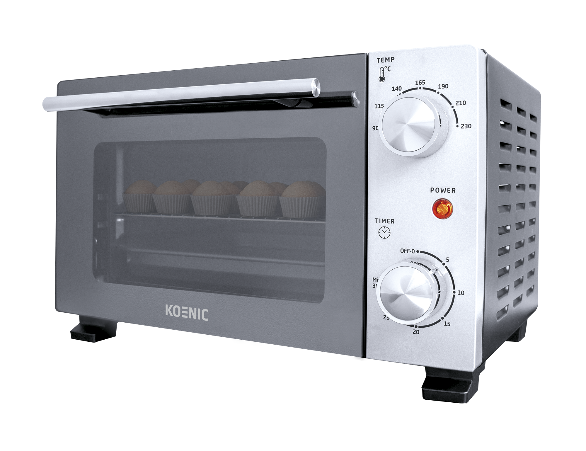 Ein kleiner silberner Ofen mit Muffins auf einem Rost, schwarzer Hintergrund.