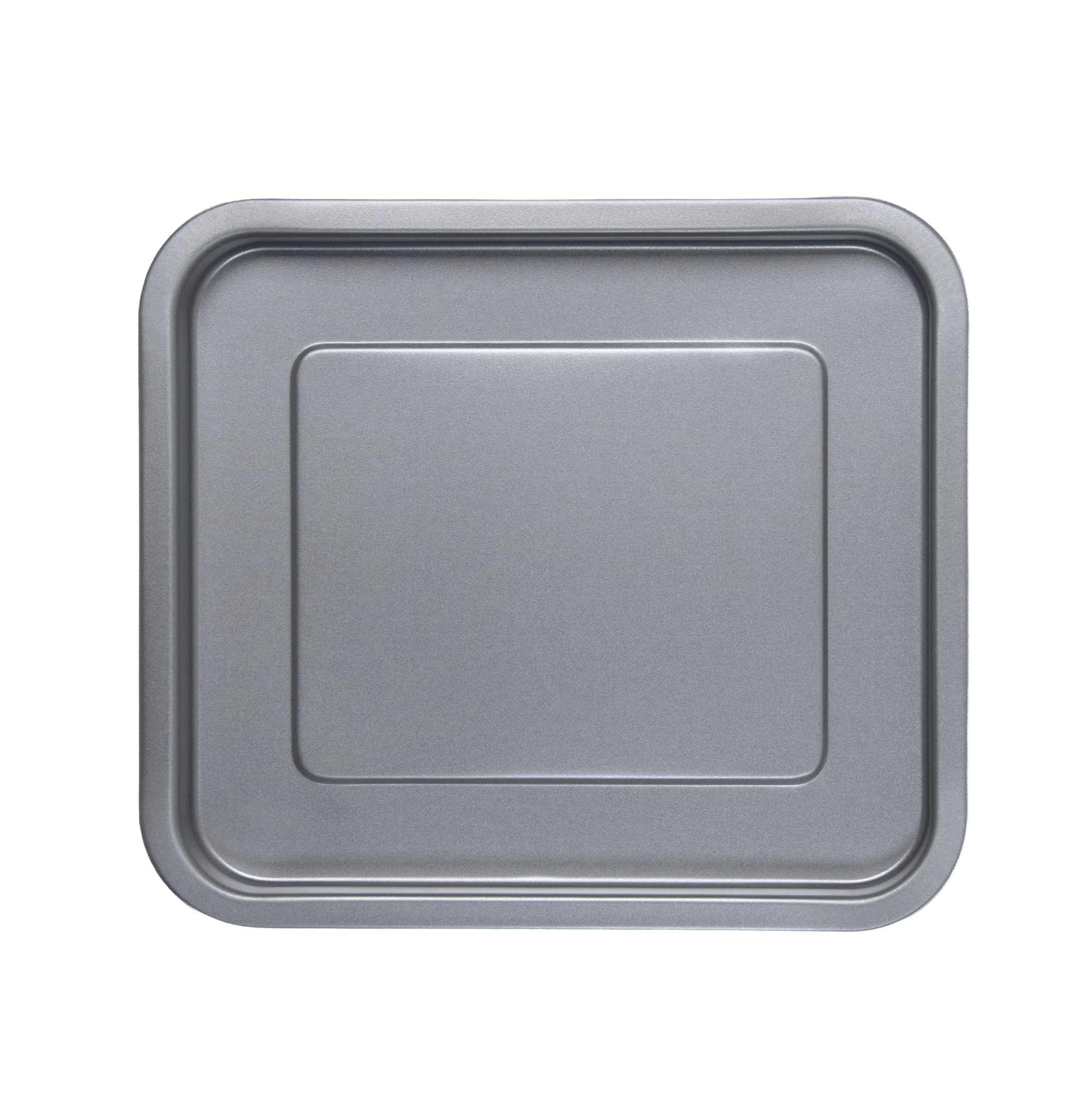 Ein grauer, rechteckiger Backblechdeckel mit abgerundeten Ecken.
