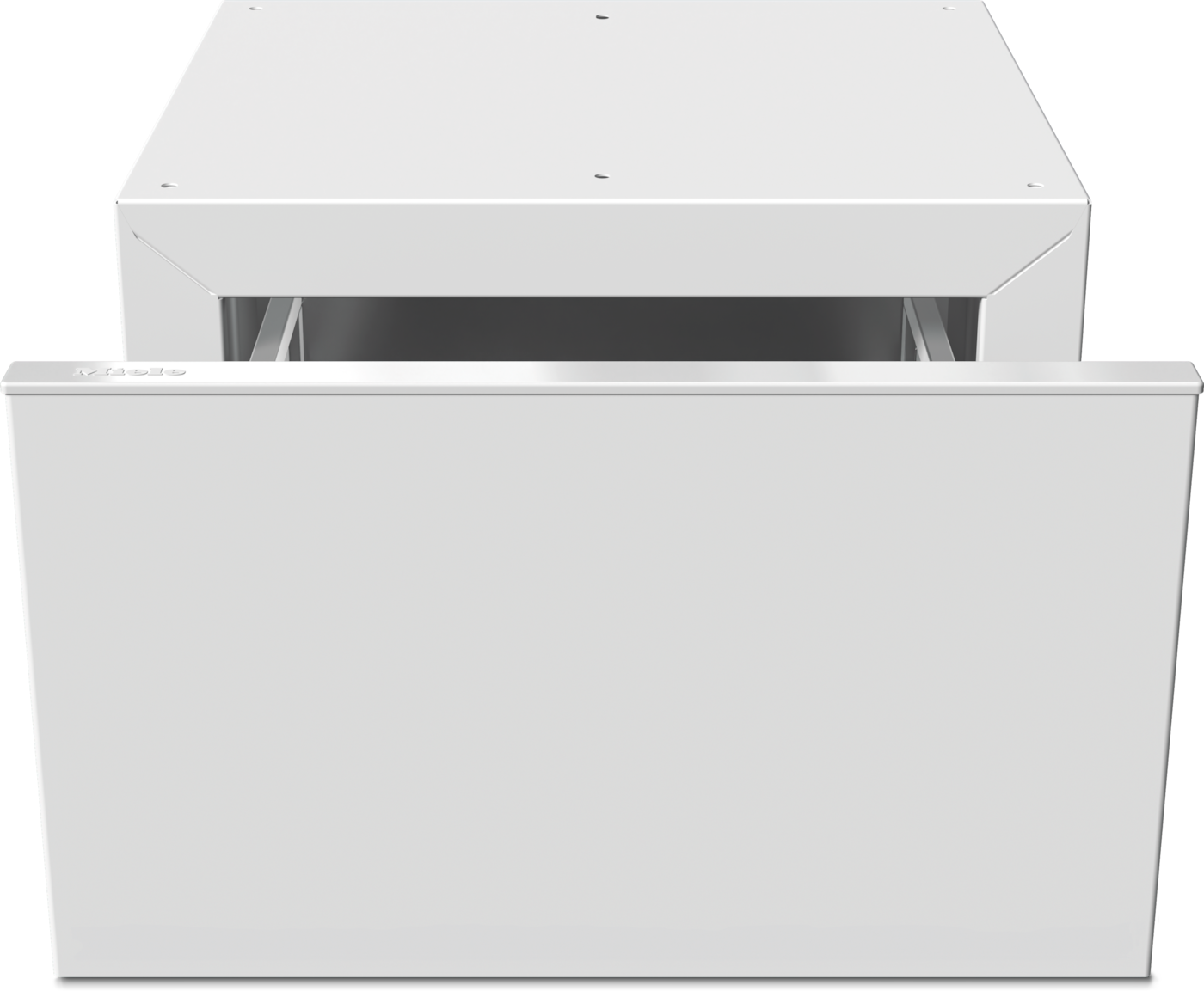 Ein weißer Schubladen-Schrank mit geöffneter Schublade und sichtbaren Schienen.