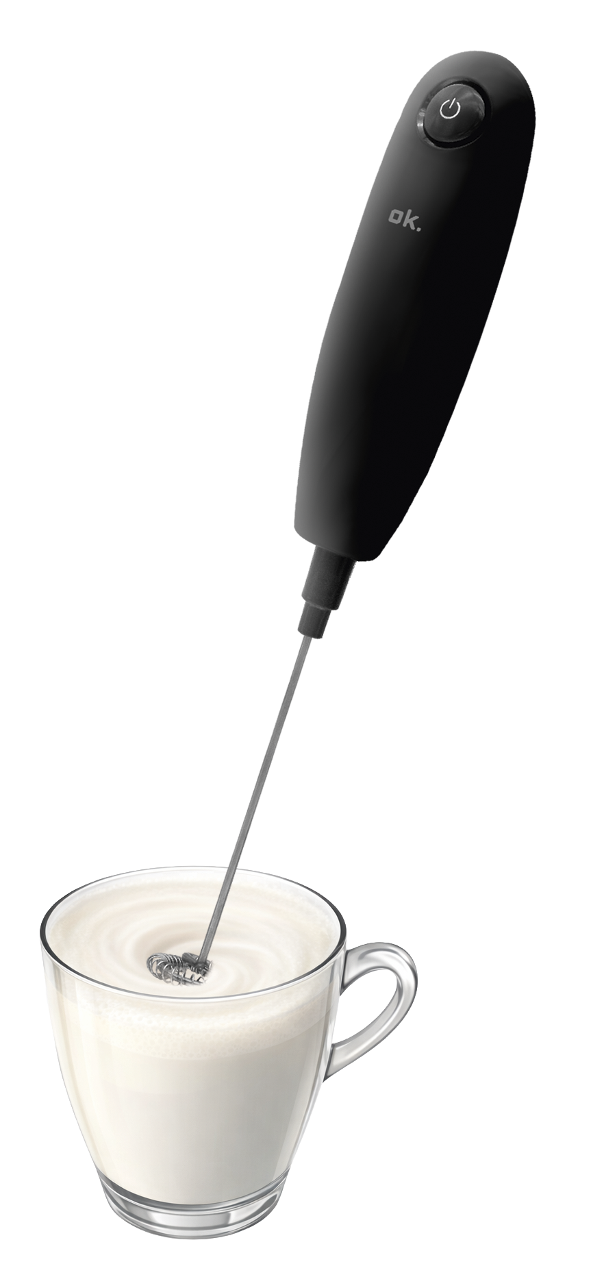 Ein schwarzer Milchaufschäumer mit silbernem Stab in einer Glaskaraffe mit weißem Schaum.