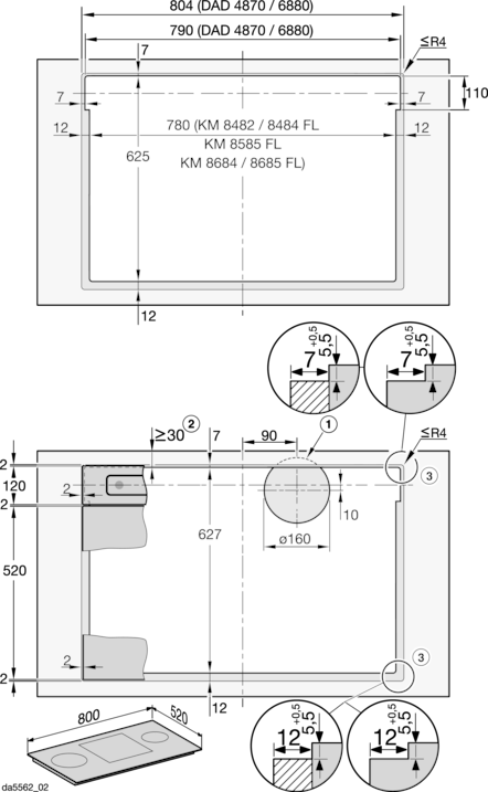 Technische Zeichnung mit Maßen und Modellnummern für ein rechteckiges Bauteil.