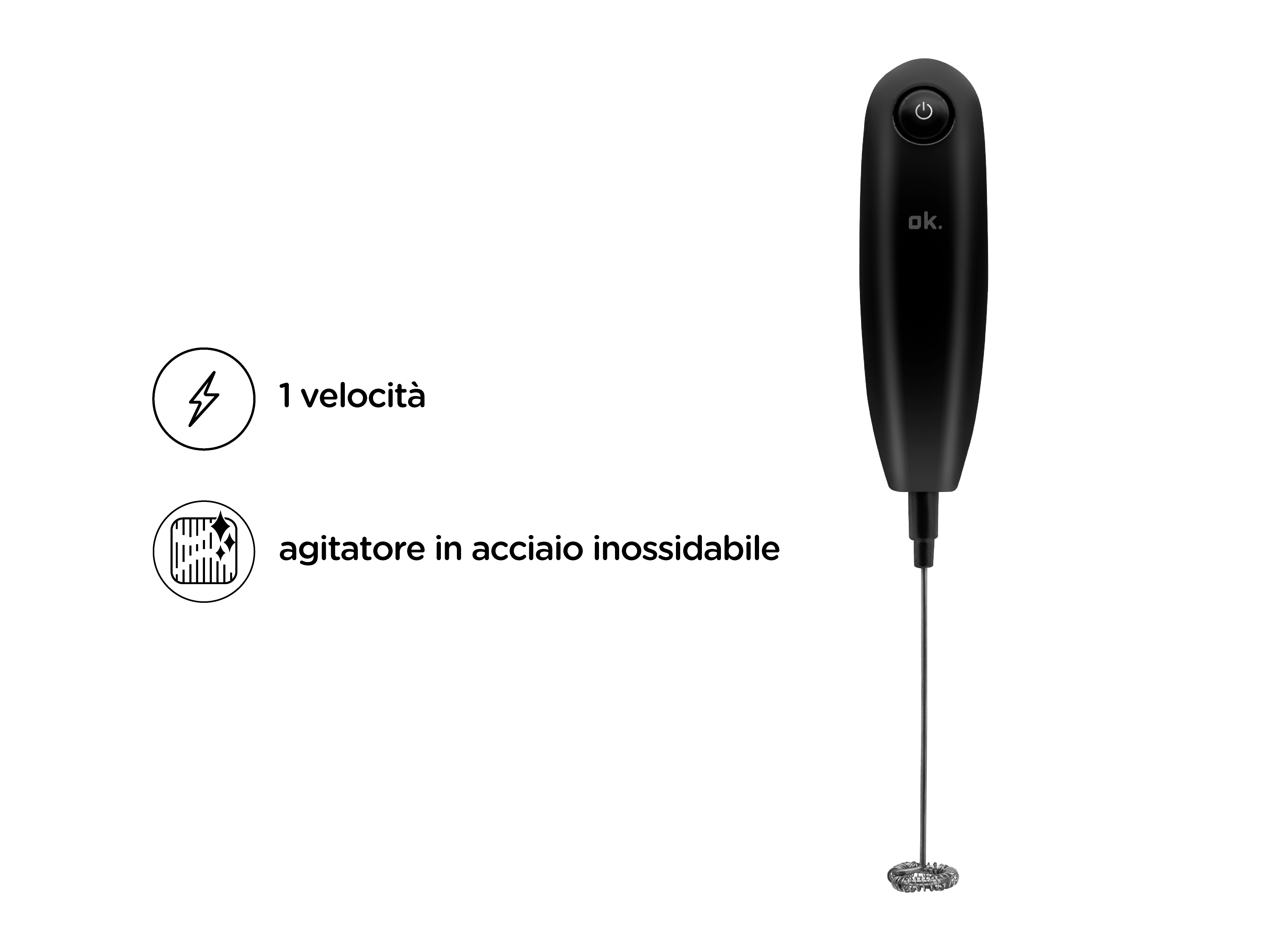 Montalatte nero con un pulsante e frusta in acciaio inox. Una velocità.