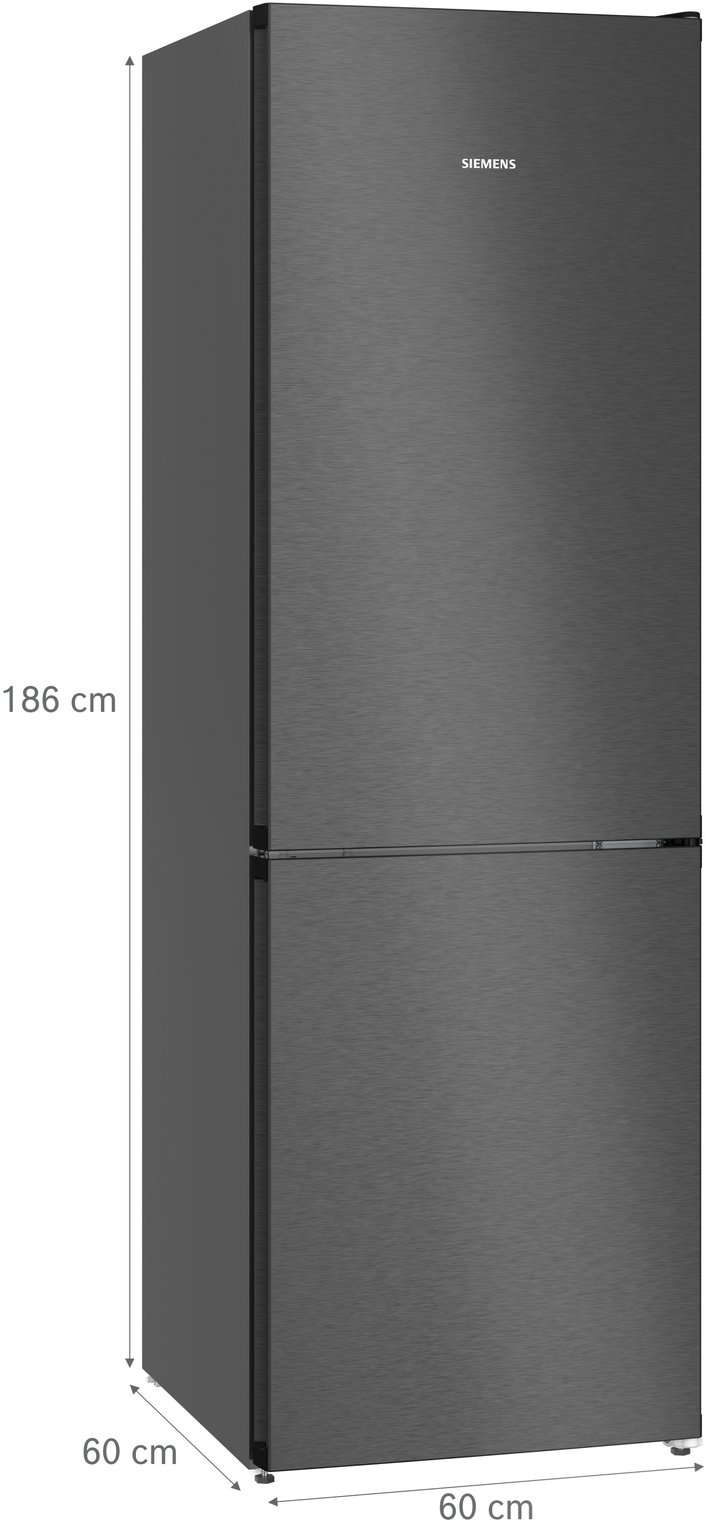 Ein hoher, schmaler, dunkler Siemens-Kühlschrank mit zwei Türen und Maßangaben.