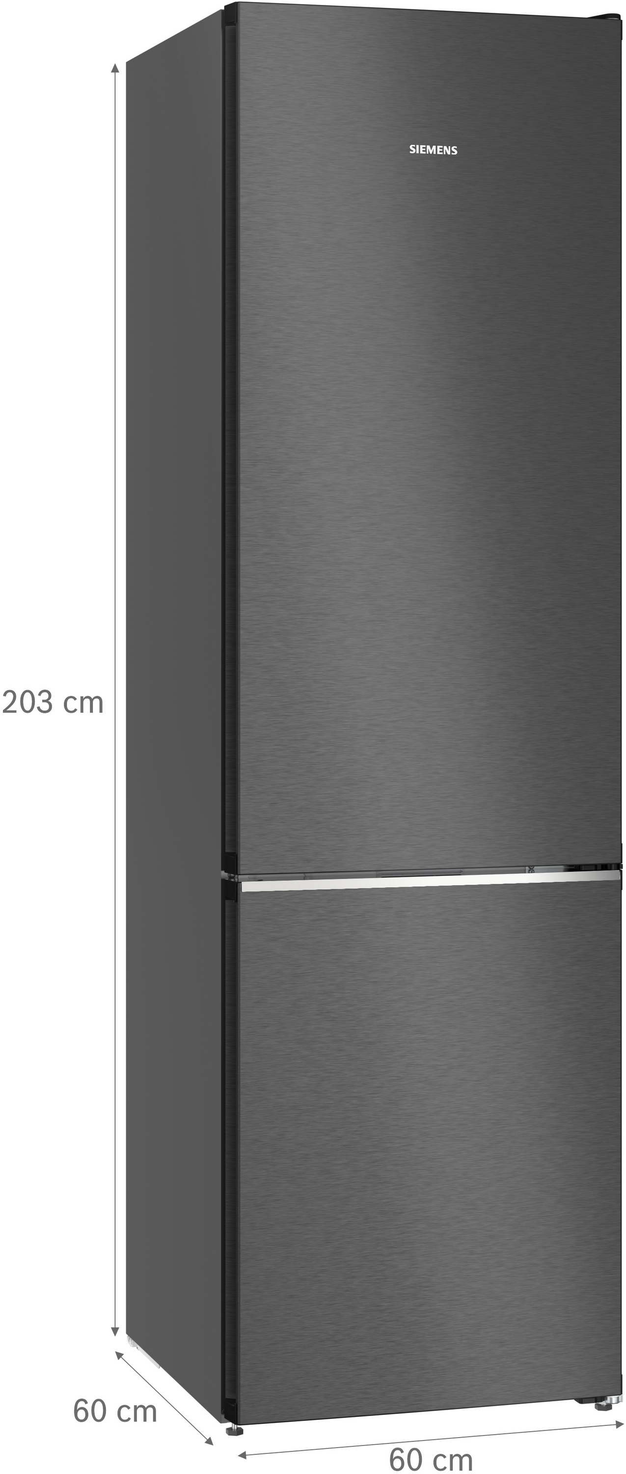 Ein hoher, schmaler, dunkelgrauer Siemens-Kühlschrank mit zwei Türen und silbernen Griffen.