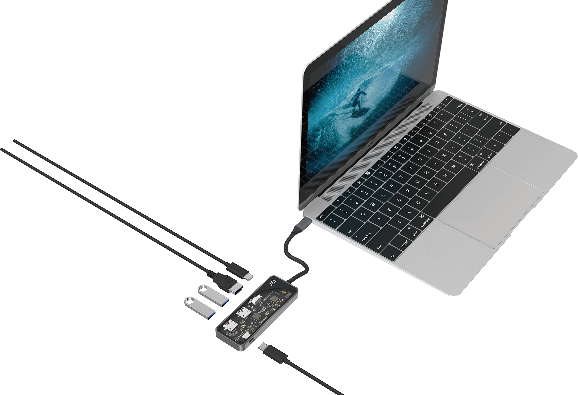 Ein Laptop mit angeschlossenem USB-C-Hub und zwei USB-Sticks.
