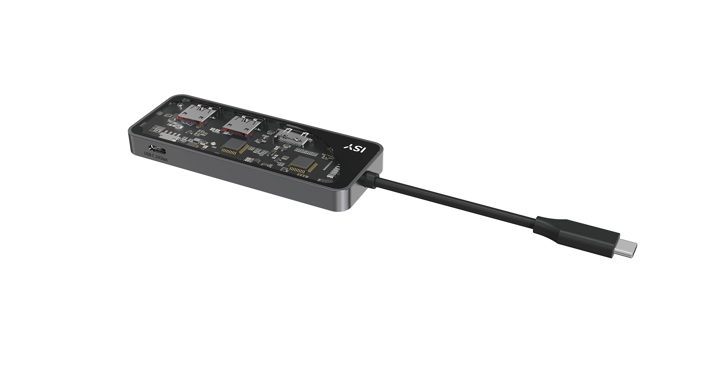 Grauer USB-C-Hub mit zwei SIM-Kartensteckplätzen und sichtbarer Platine.