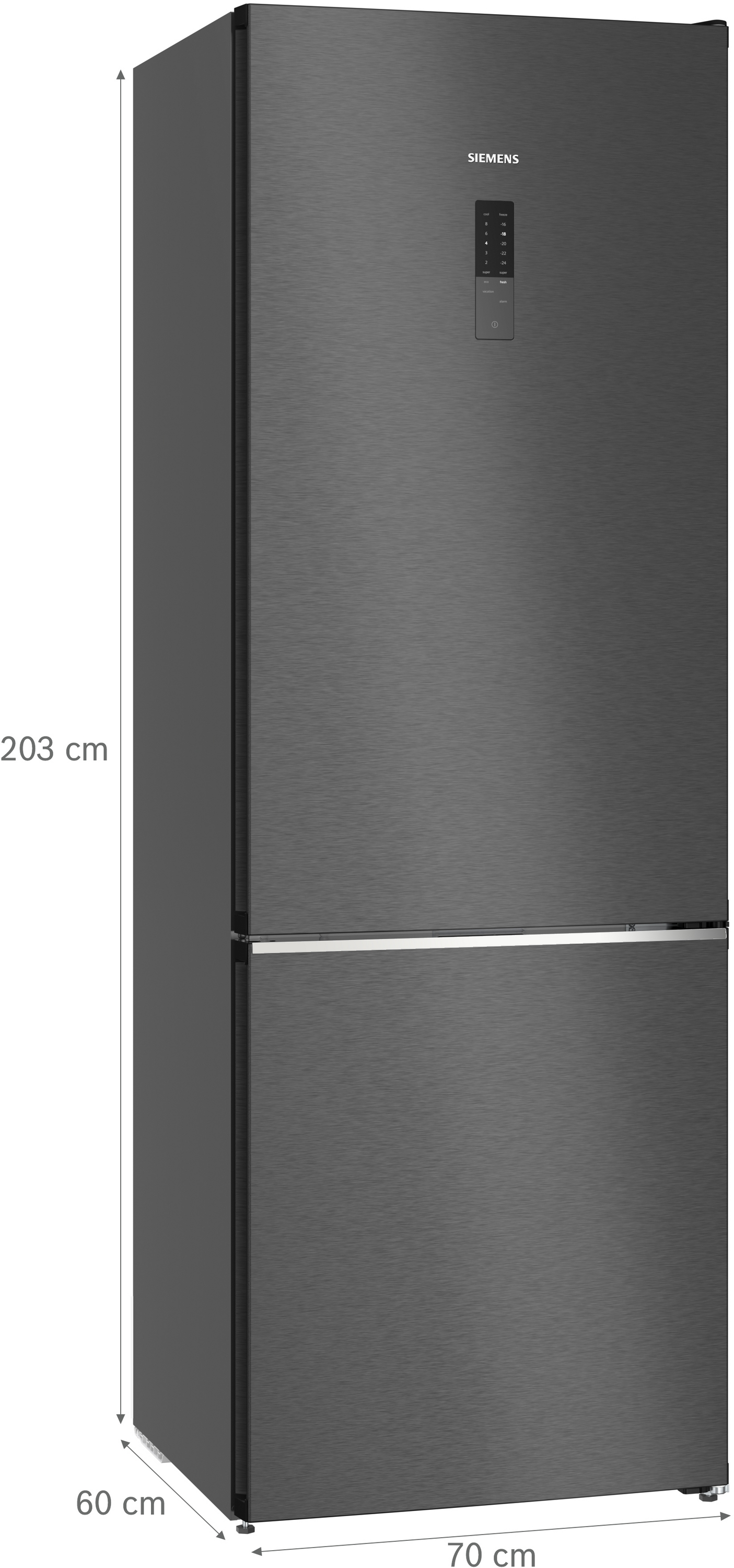 Ein hoher, grauer Siemens Kühlschrank mit Touchscreen-Bedienfeld.