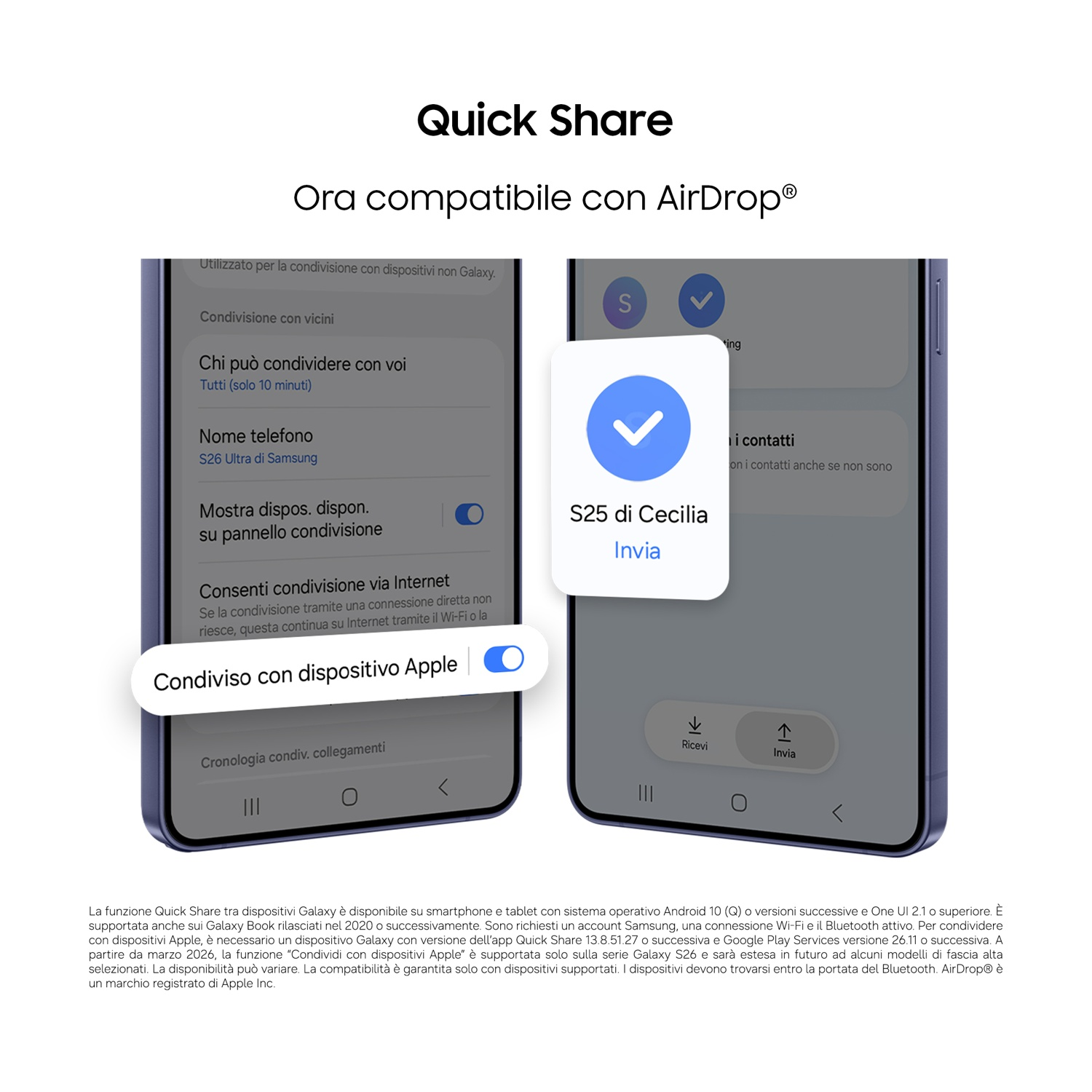Quick Share ora compatibile con AirDrop®. Mostra le impostazioni di Quick Share su un telefono Galaxy.