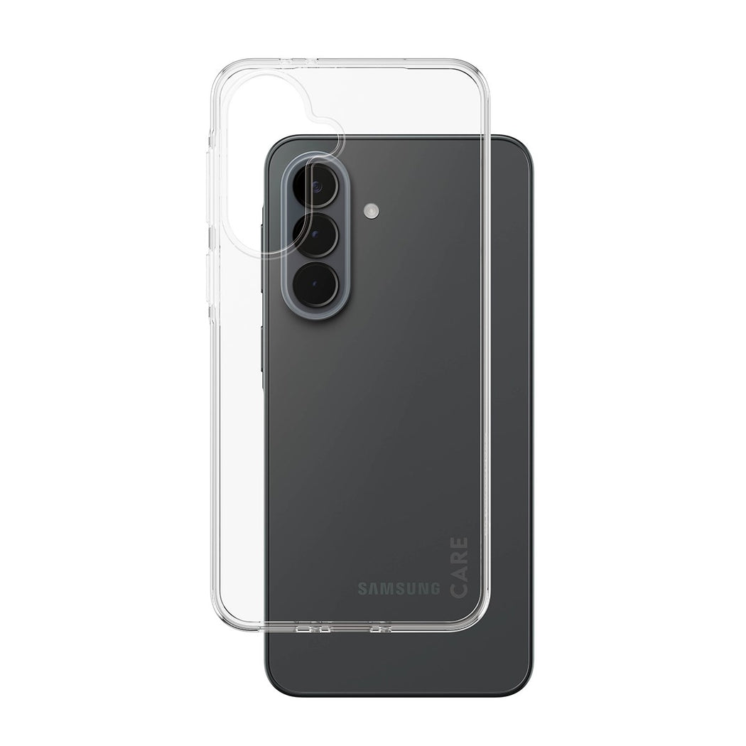 Transparente Handyhülle über einem dunklen Smartphone mit drei Kameras.