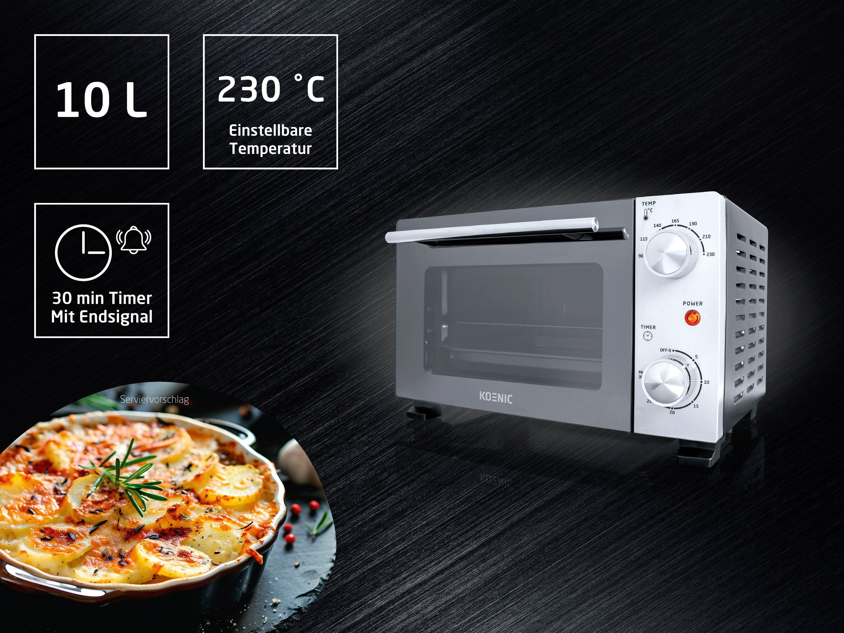 Ein Koenic 10-Liter-Ofen mit 230°C und 30-Minuten-Timer, daneben ein Kartoffelgratin.