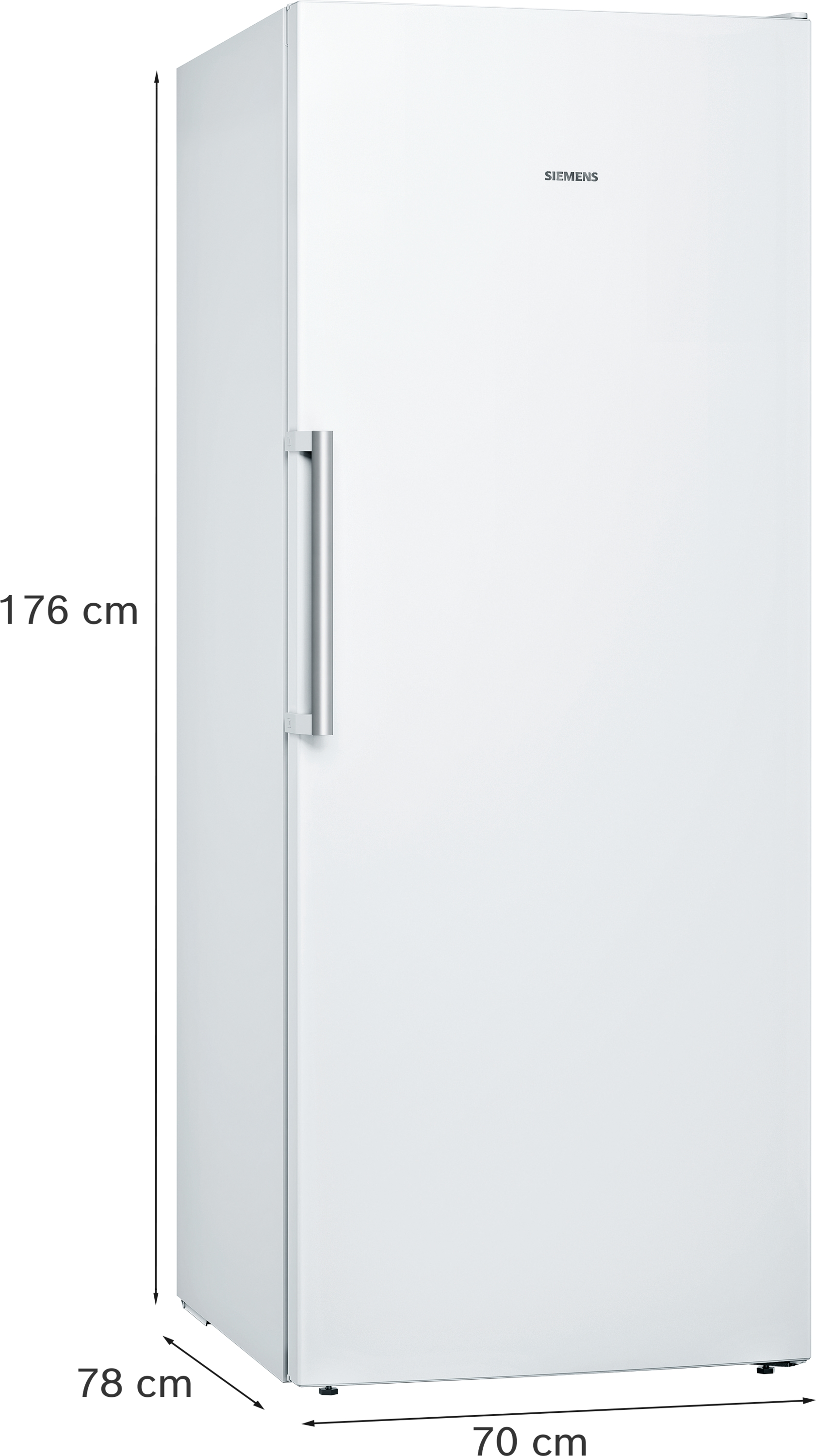 Ein weißer Siemens Kühlschrank, 176 cm hoch, 78 cm tief, 70 cm breit.