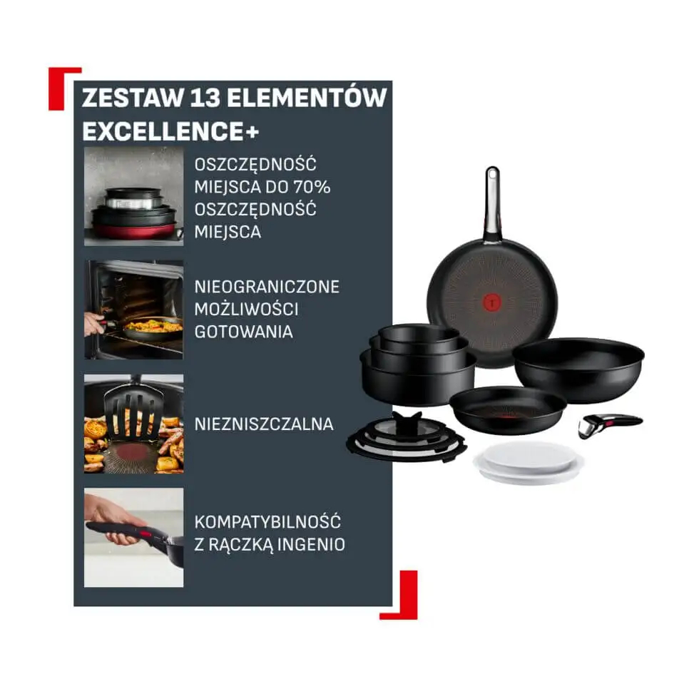 Zestaw naczyń kuchennych z patelniami, garnkami, pokrywkami i uchwytami.