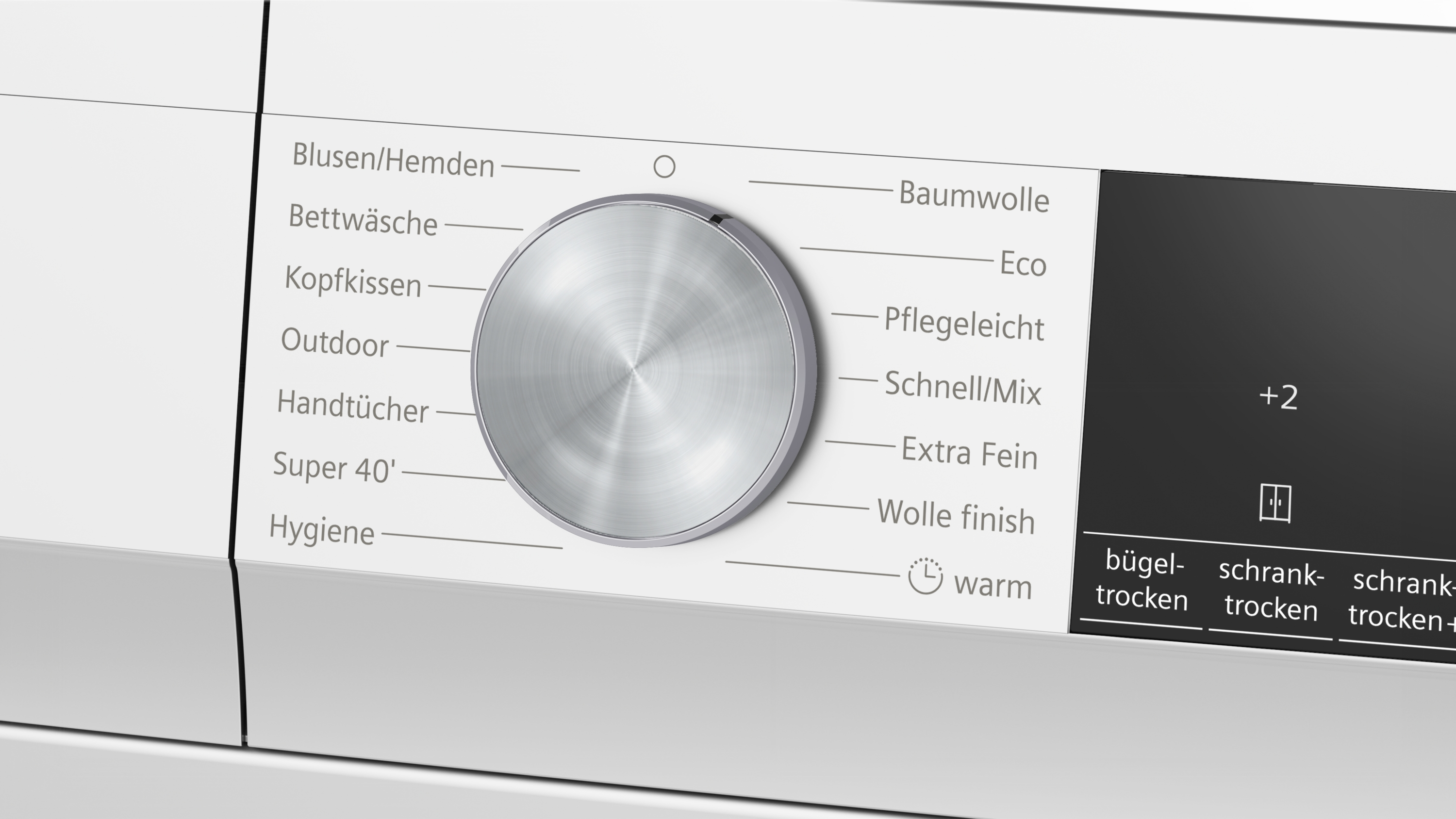 Bedienfeld einer Waschmaschine mit Drehknopf und Display. Programme wie Baumwolle, Eco, Pflegeleicht.