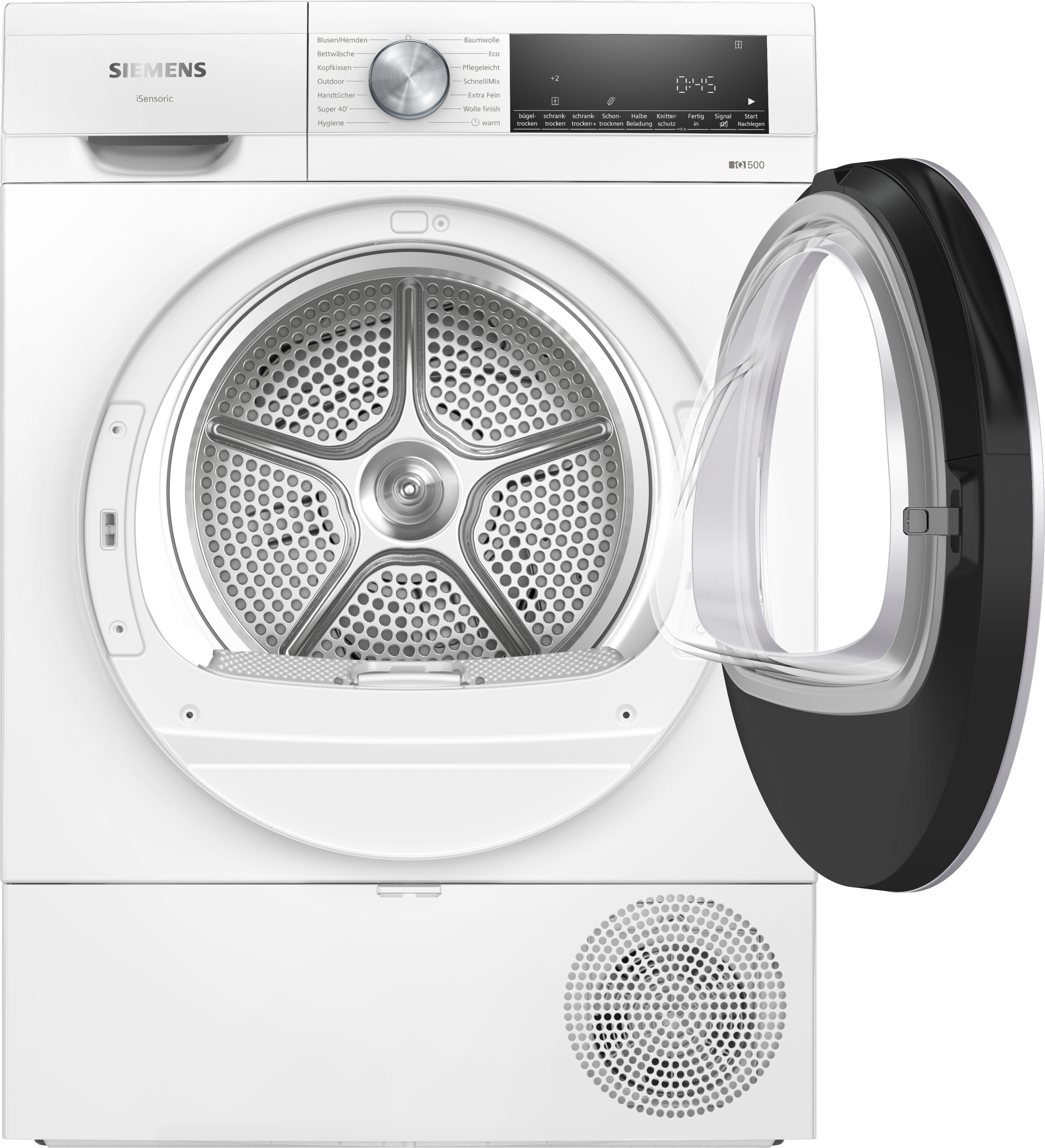 Weiße Siemens Wärmepumpen-Wäschetrockner mit offener Tür und Bedienfeld.