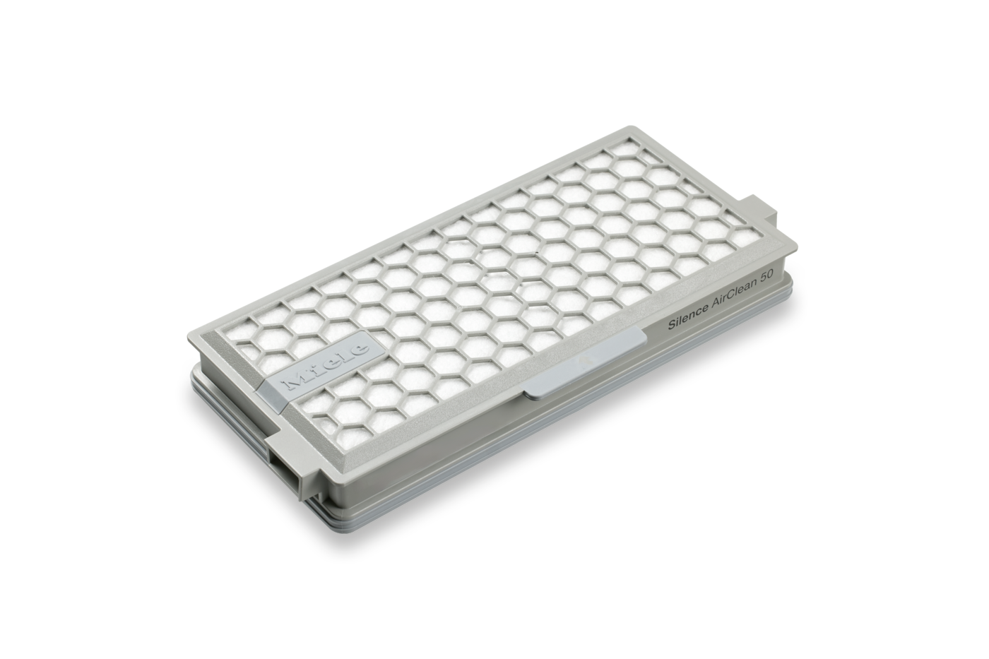 Grauer Miele AirClean 50 Filter mit Wabenmuster und Lufteinlass.