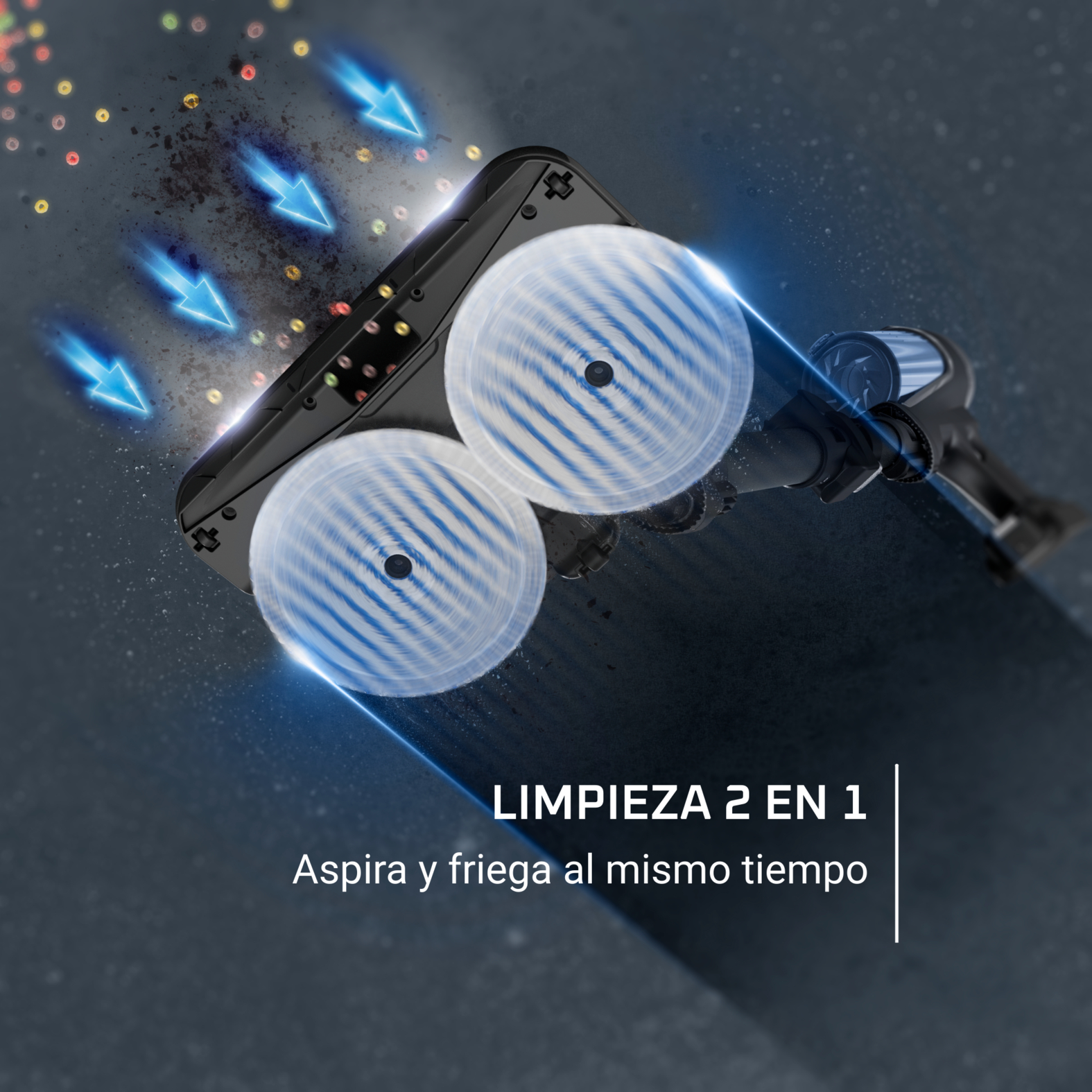 Aspiradora con cepillos giratorios limpia y succiona suciedad y migas a la vez.