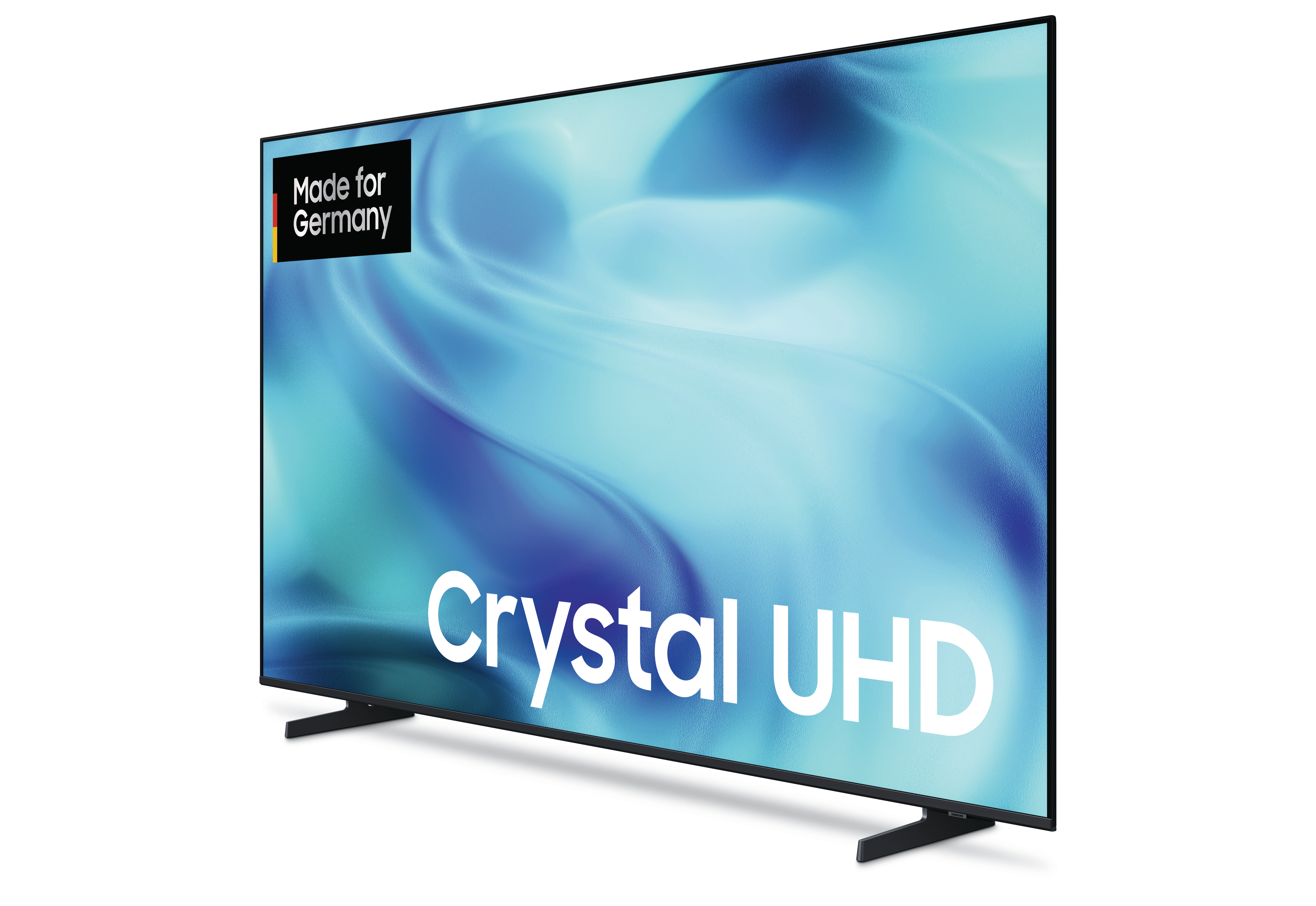 Ein Samsung Crystal UHD Fernseher mit "Made for Germany"-Aufkleber, weiße Schrift auf blauem Hintergrund.