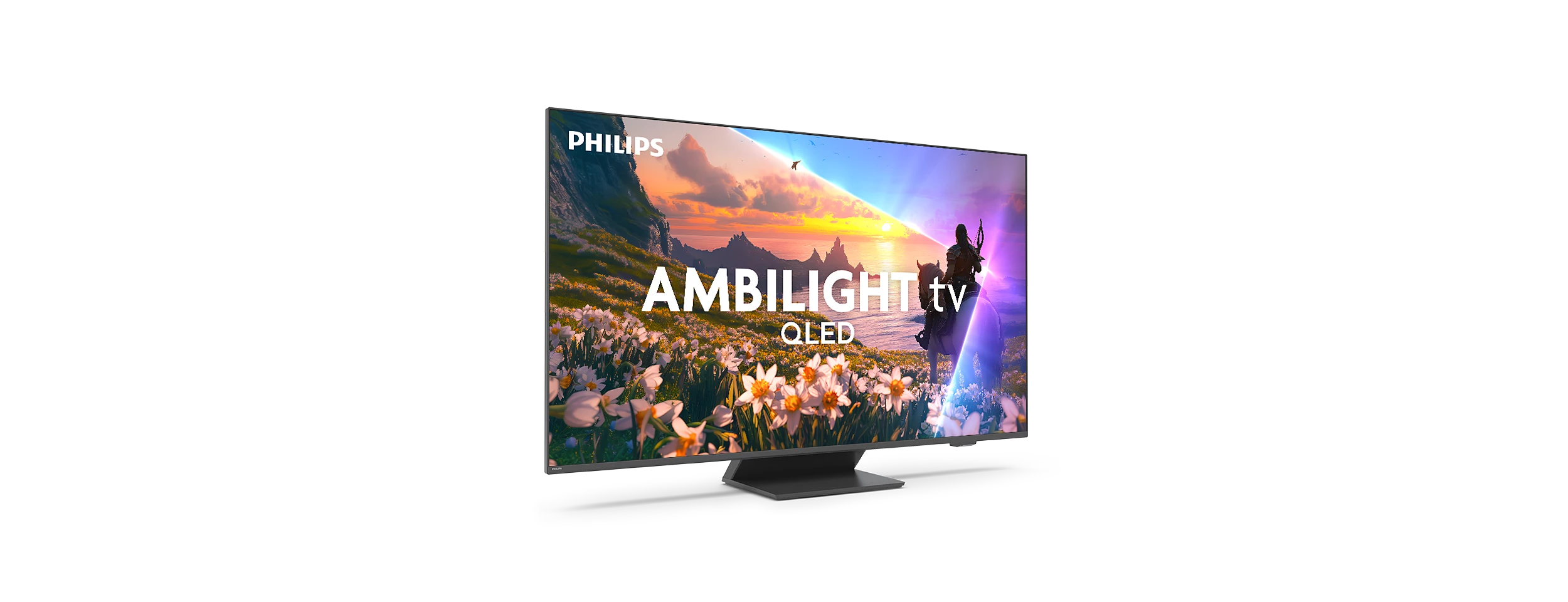 Ein Philips Ambilight TV mit QLED-Technologie zeigt eine fantasievolle Landschaft mit Blumen und einer Reiterin.