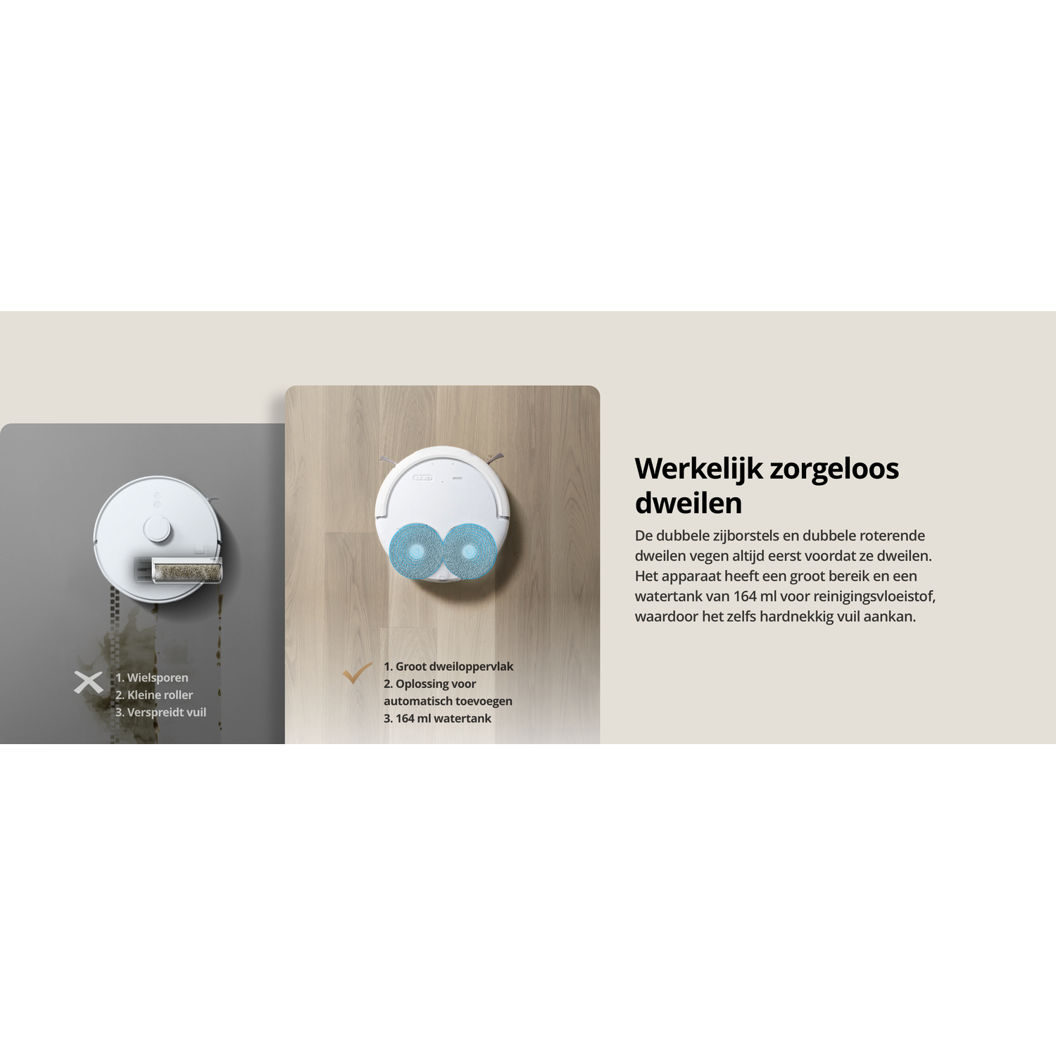 Een witte robotstofzuiger met twee roterende dweilpads op een houten vloer.