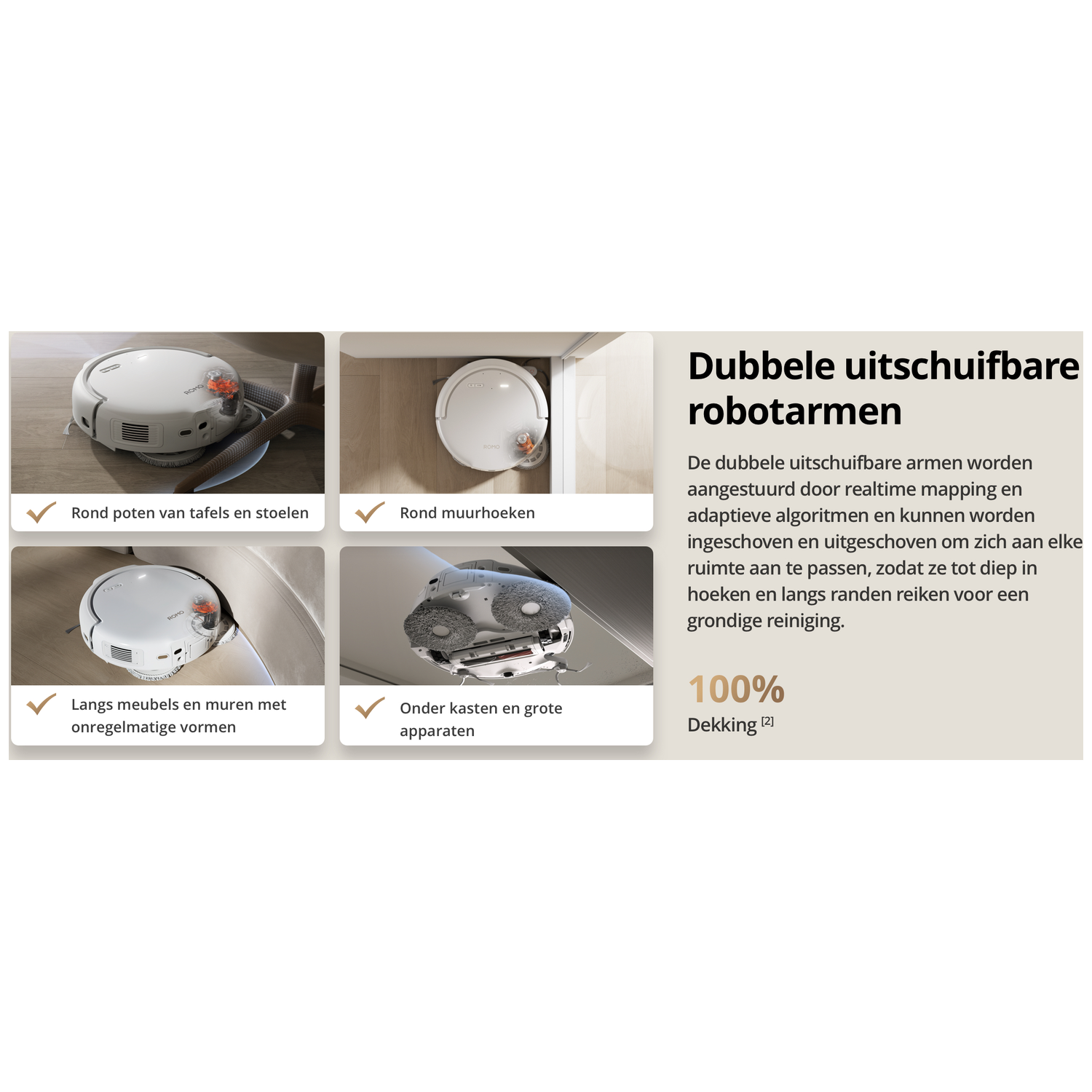 Een witte robotstofzuiger reinigt rond meubels en hoeken.