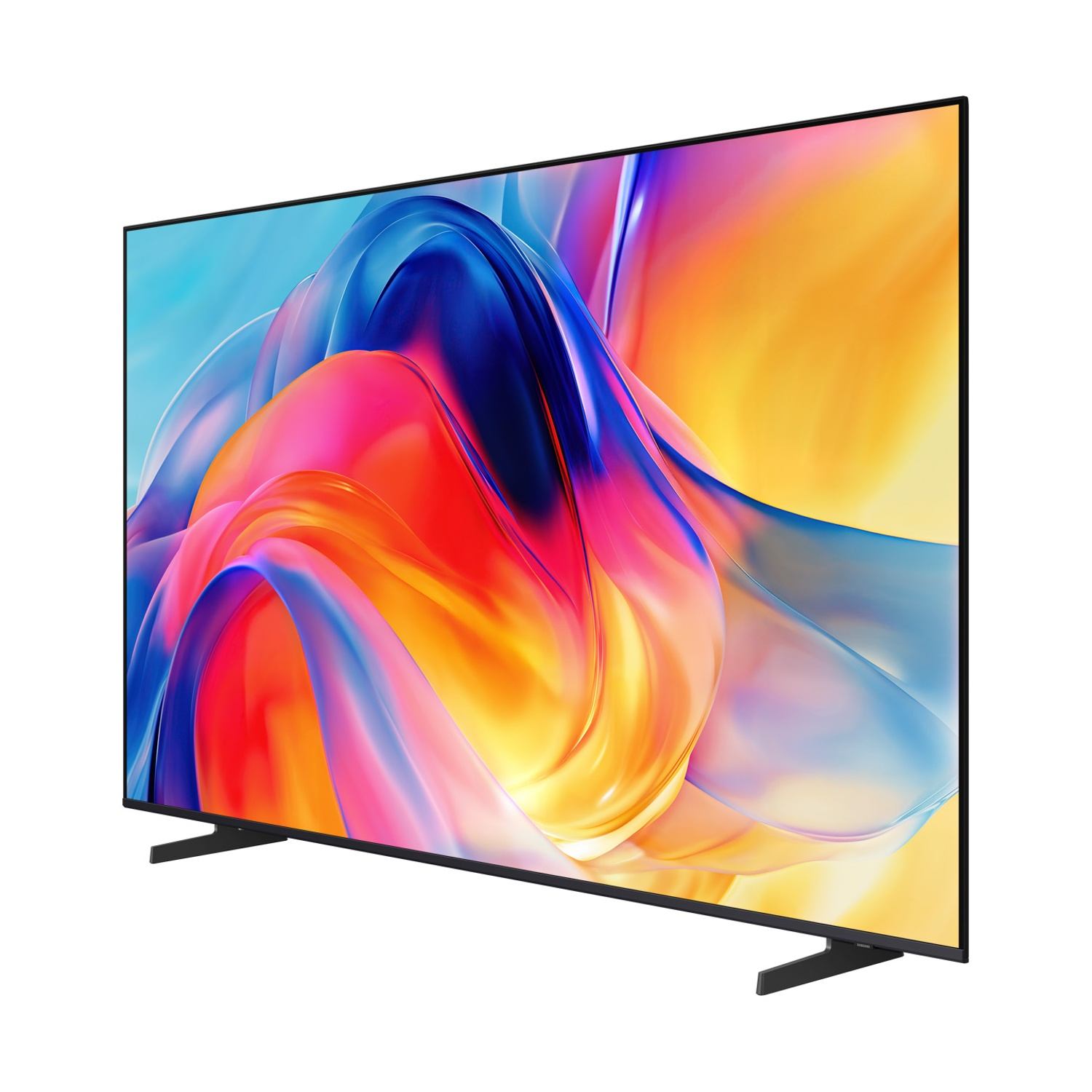 Un moderno televisore a schermo piatto con un'immagine astratta e colorata sullo schermo.