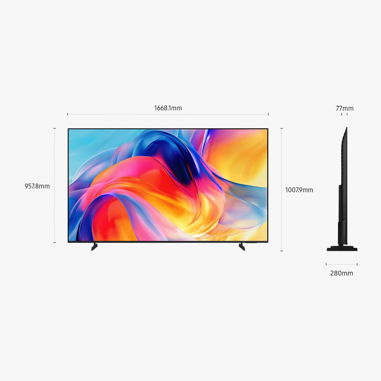 Viene mostrata una grande televisione nera con immagini astratte colorate.