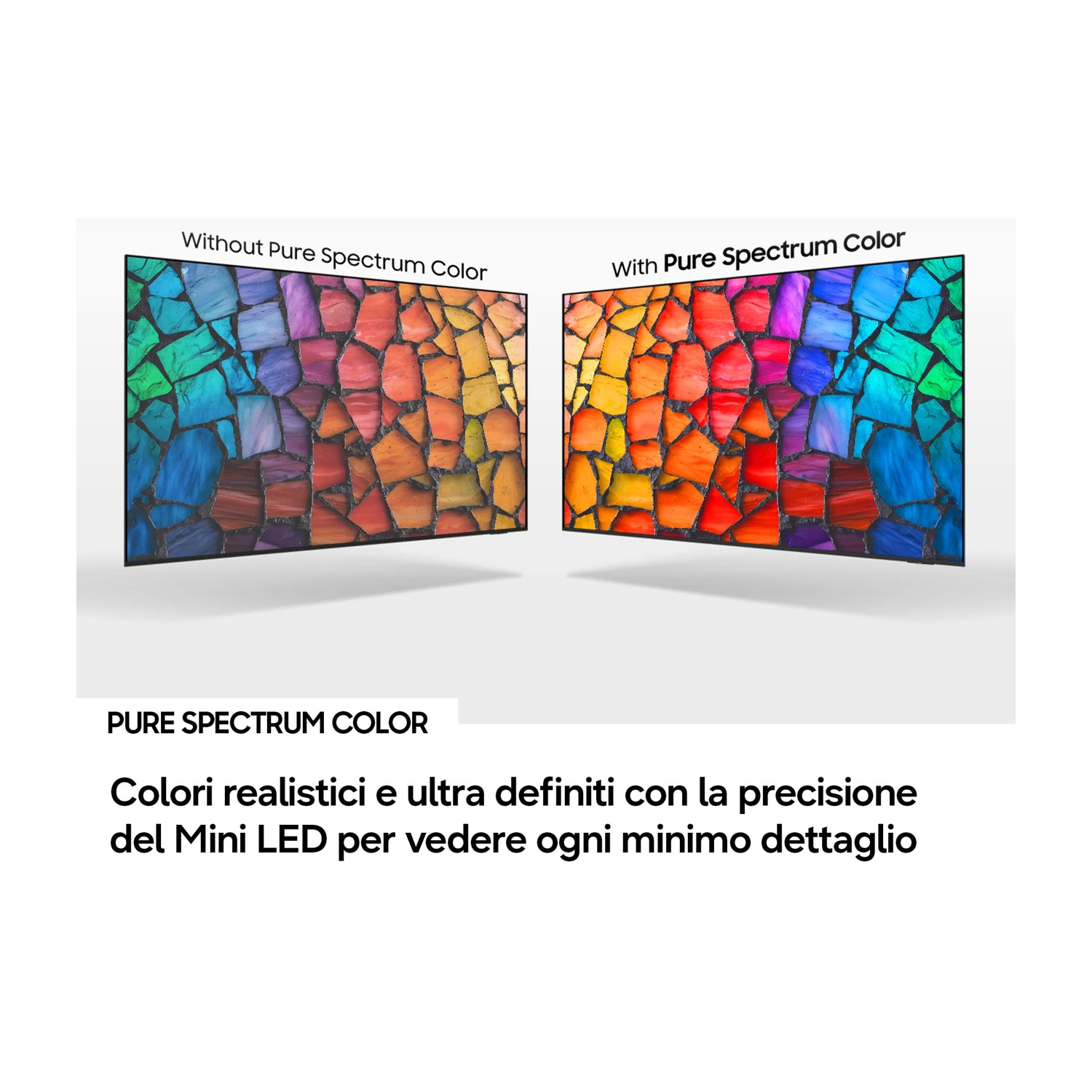 Due schermi mostrano un motivo a mosaico colorato. Uno è etichettato 'Senza colore puro dello spettro'.