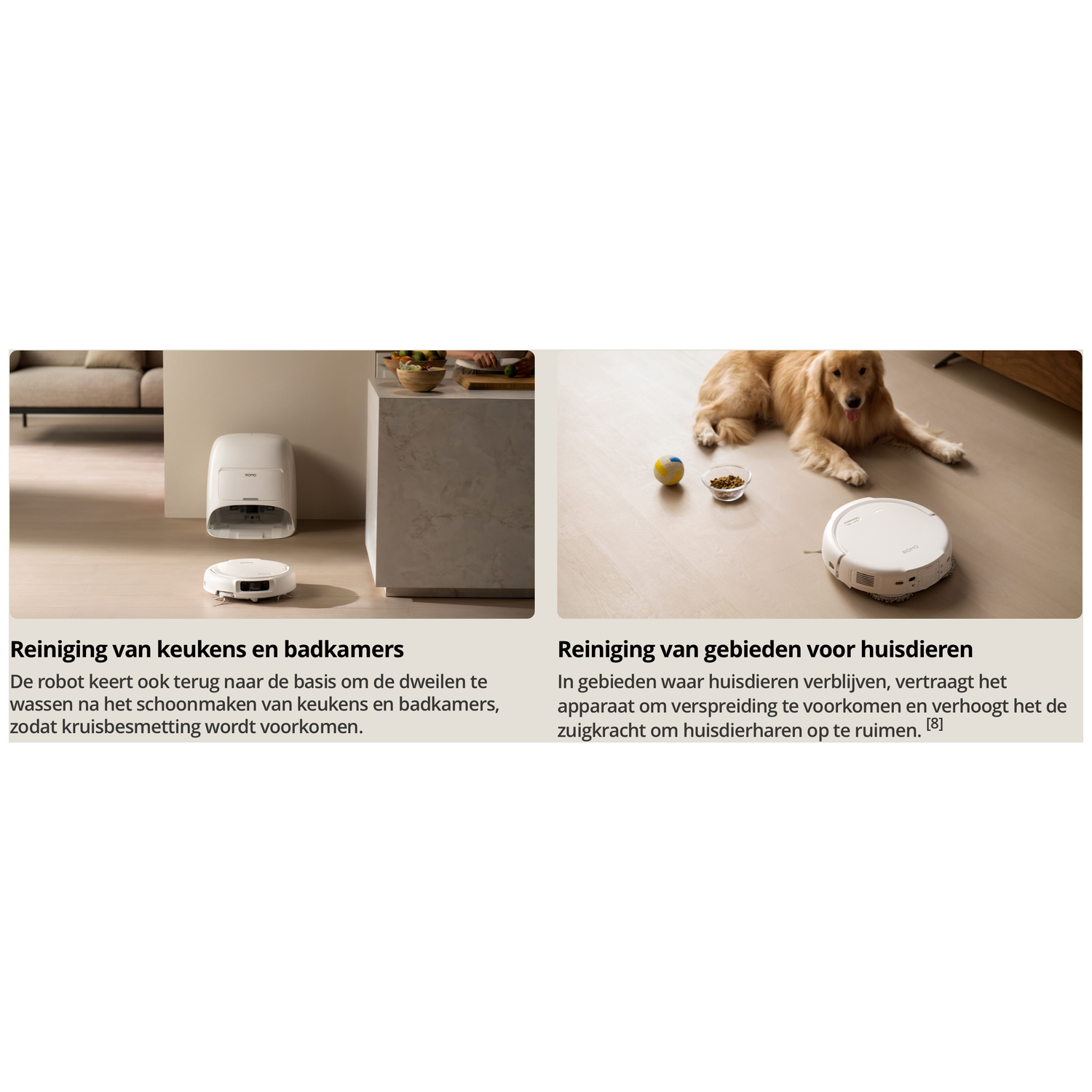 Een robotstofzuiger reinigt keukens en badkamers. Een hond ligt bij een voerbak.