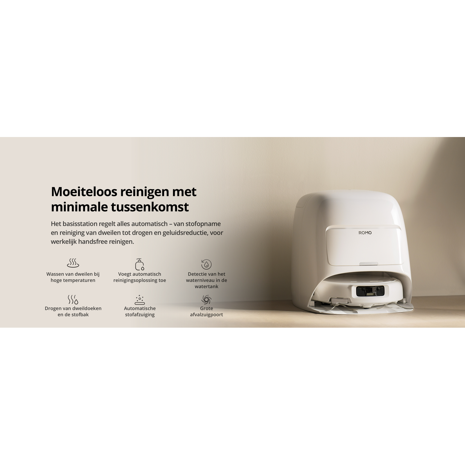 Wit basisstation voor robotstofzuiger met tekst over geautomatiseerde reinigingsfuncties.