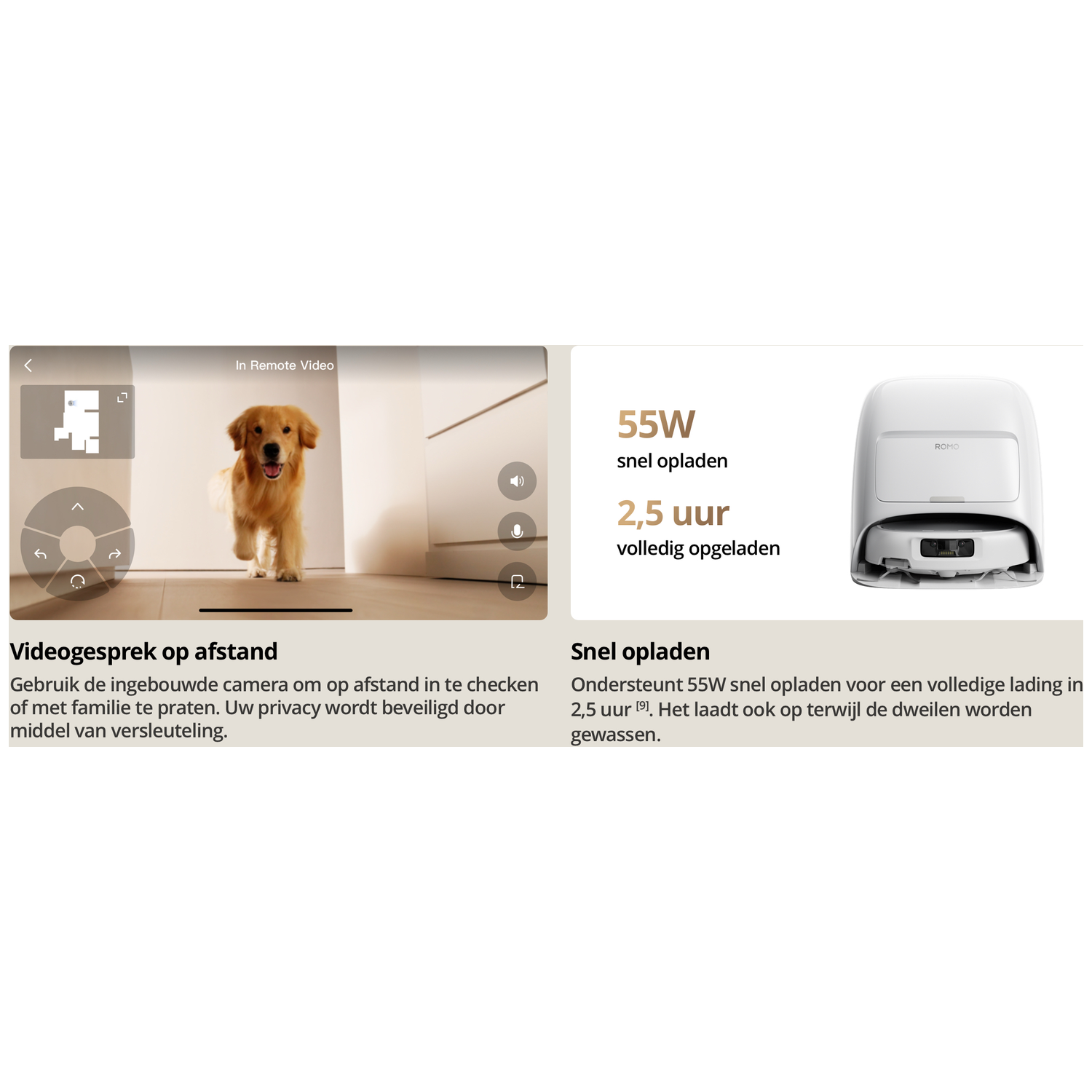 Hond kijkt via camera; robotstofzuiger en laadstation worden getoond.