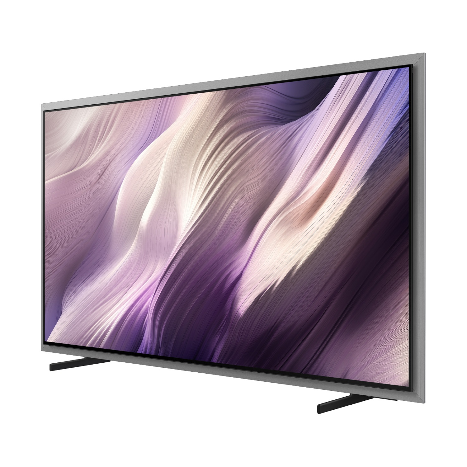 Un'elegante TV argentata con uno schermo a motivi astratti viola e bianchi.