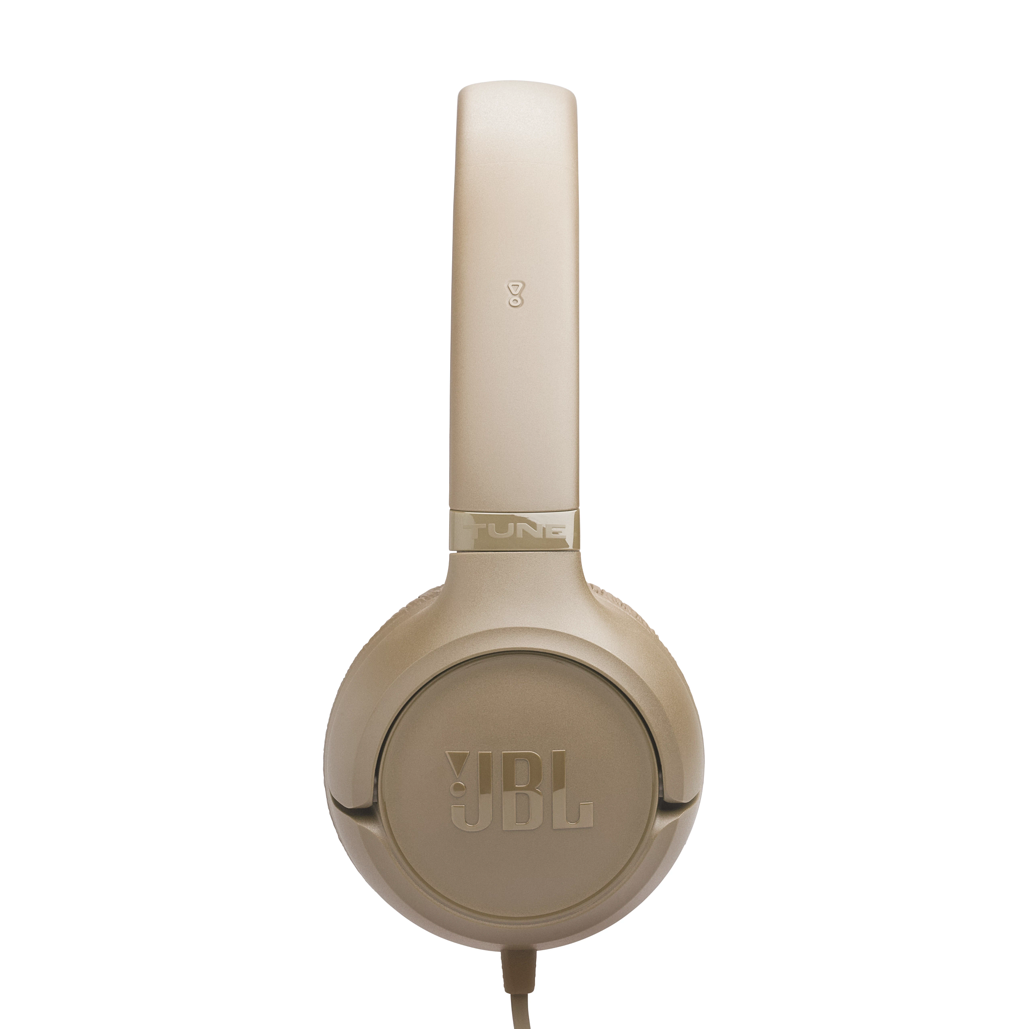 Goldene JBL-Kopfhörer mit Kabel, Studio-Design, auf weißem Hintergrund.