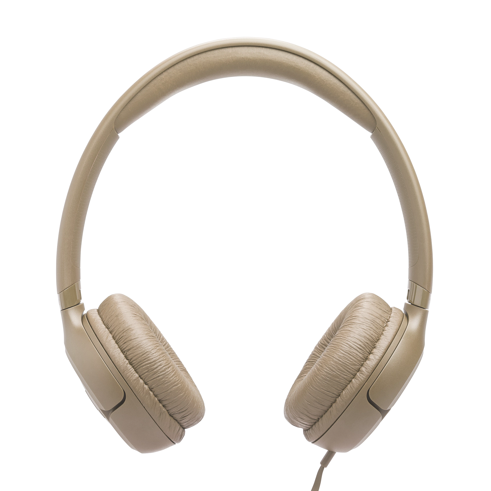 Eine beige Kopfhörer mit gepolsterten Ohrmuscheln und einem gepolsterten Bügel.