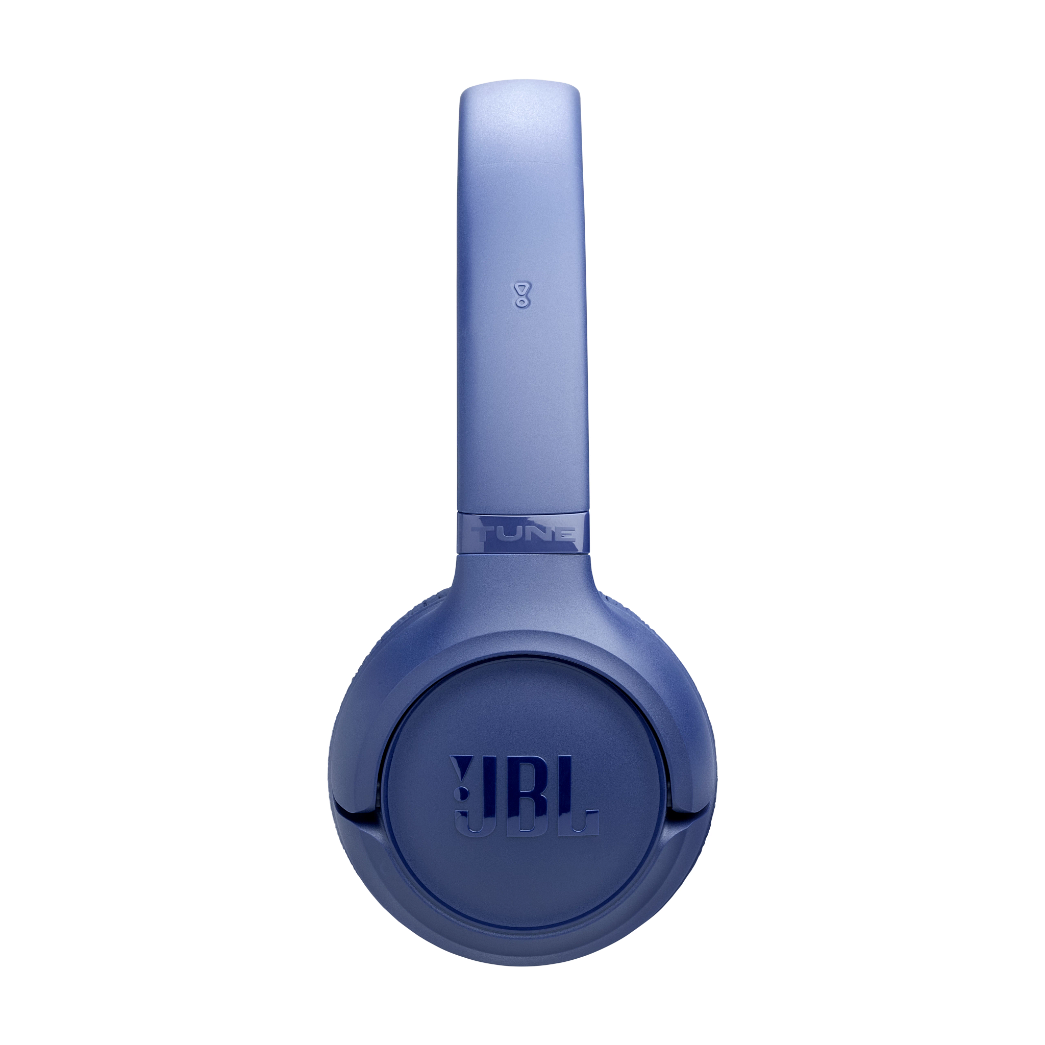 Eine einzelne blaue JBL-Kopfhörer auf weißem Hintergrund.