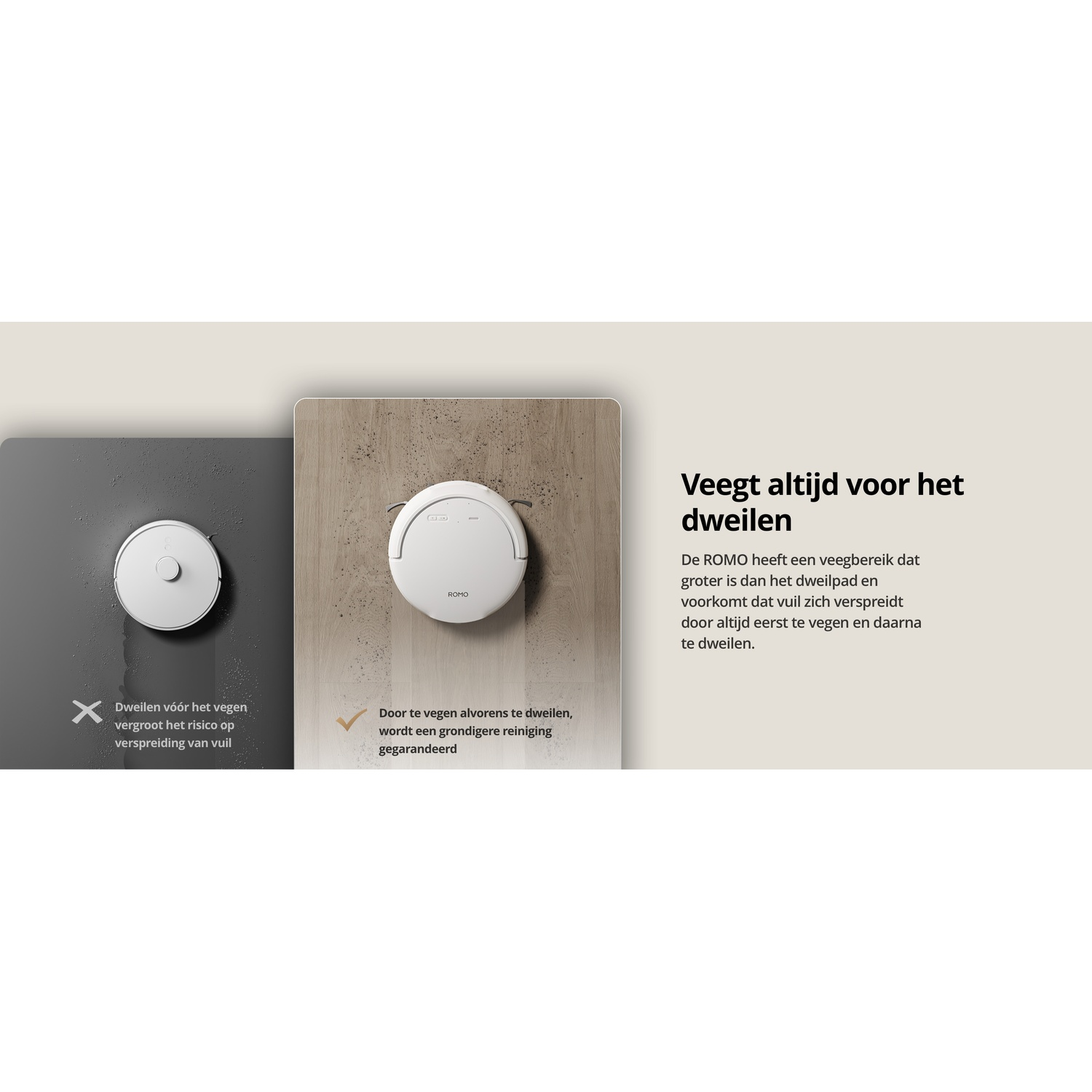 Een witte robotstofzuiger op een houten vloer en een donker oppervlak.