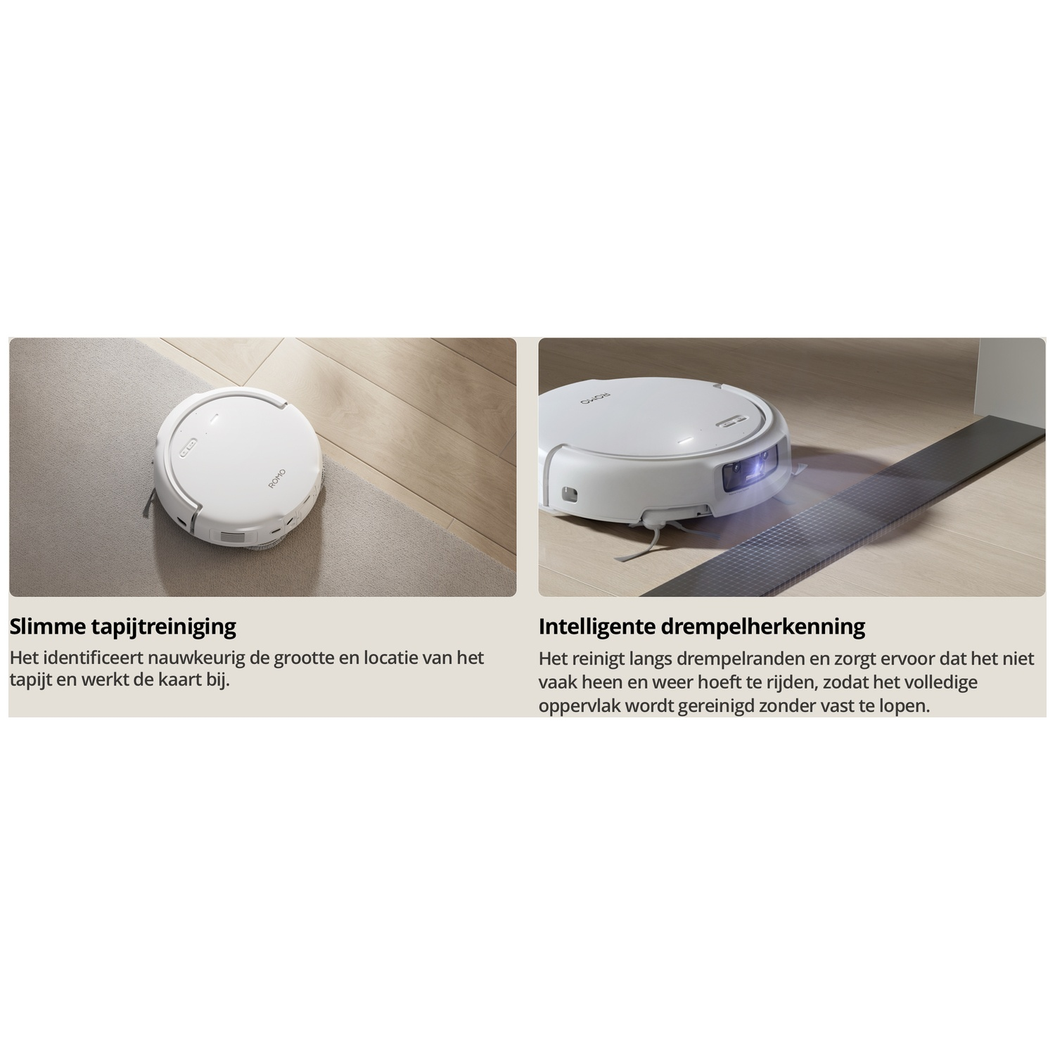Een witte robotstofzuiger op een houten vloer en een kleed.