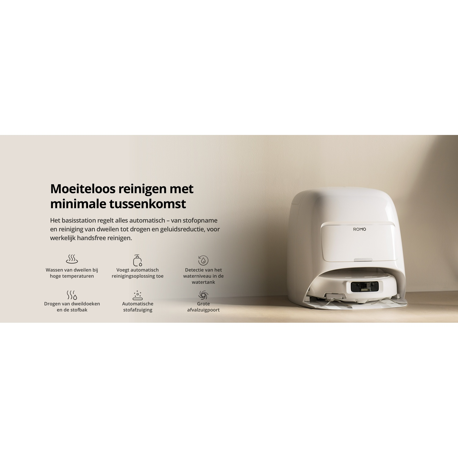 Een witte robotstofzuiger met laadstation. Tekst somt functies op.