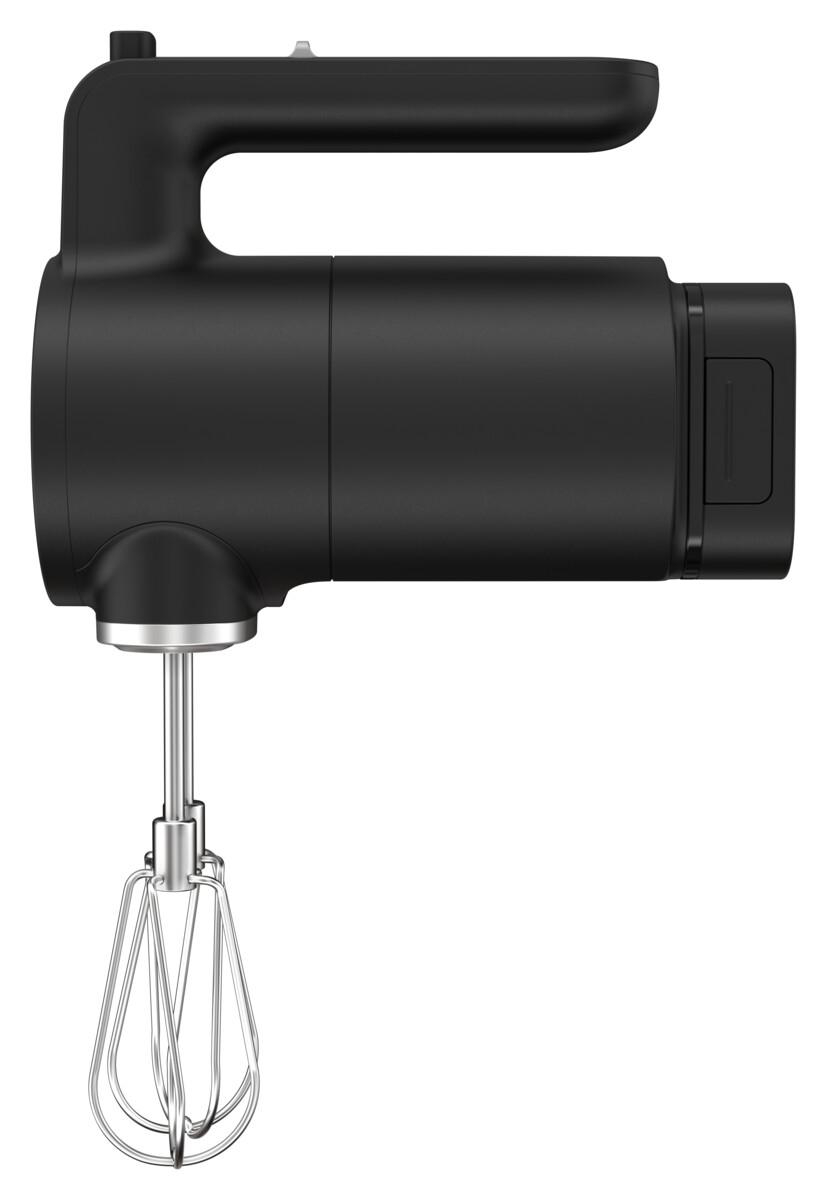 Schwarzer Handmixer mit silbernem Schneebesen und Griff.