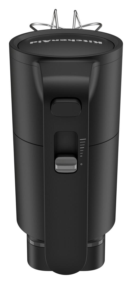 Schwarzer Stabmixer mit silbernen Rührbesen und Bedienelementen.