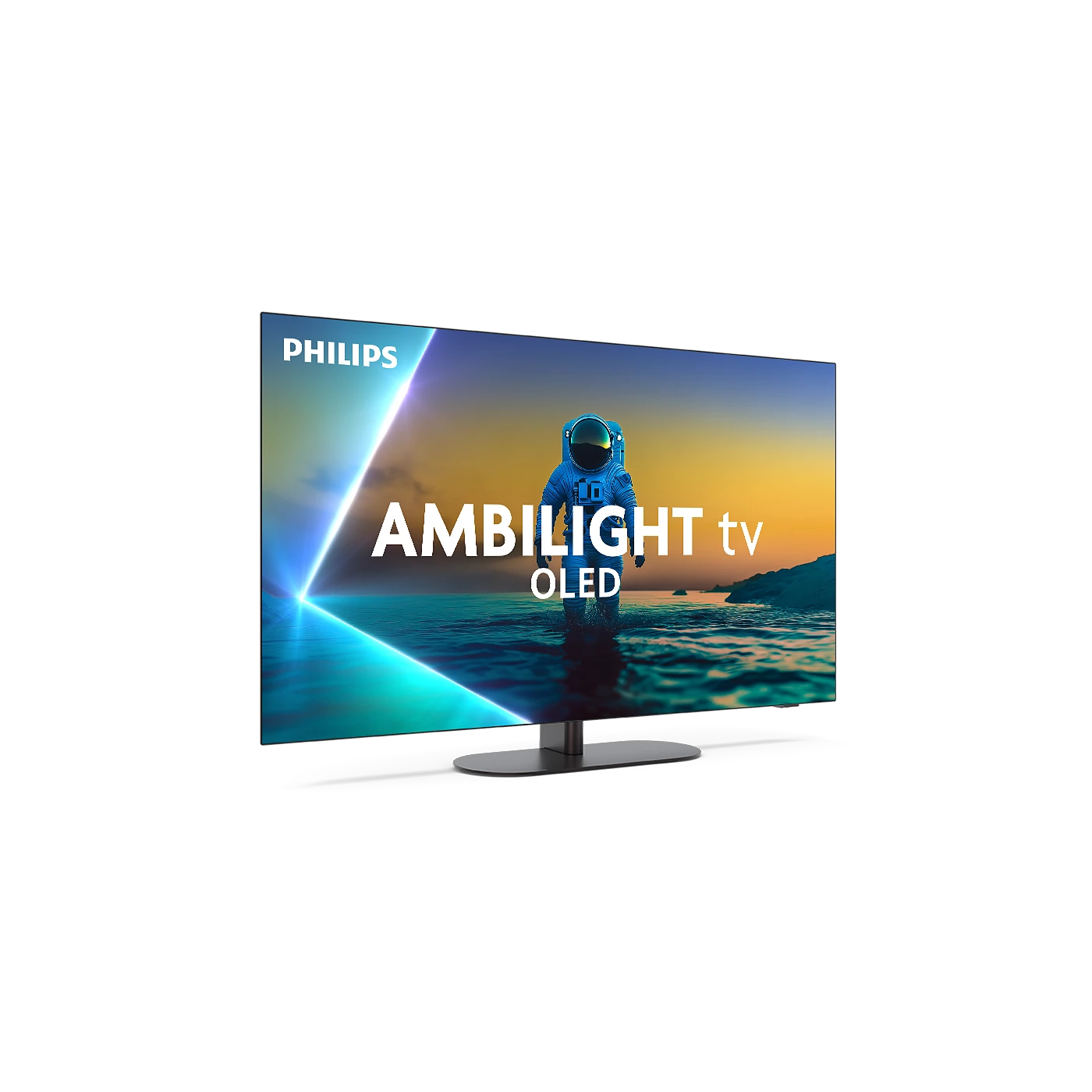 Ein Philips Ambilight OLED TV zeigt einen Astronauten im Wasser, mit Neonlinien.