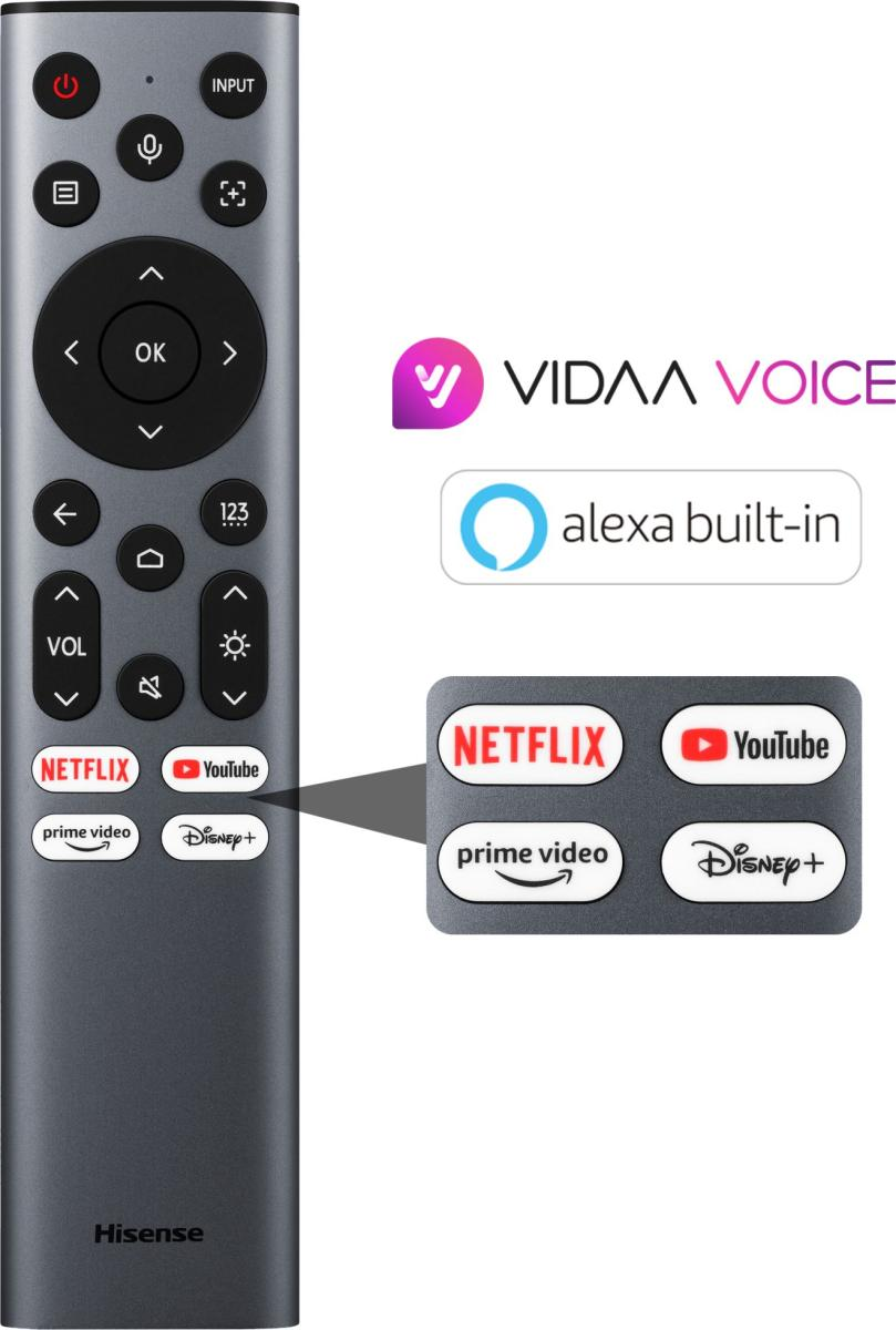 Szary pilot do telewizora Hisense z przyciskami Netflix, YouTube, Prime Video i Disney+.