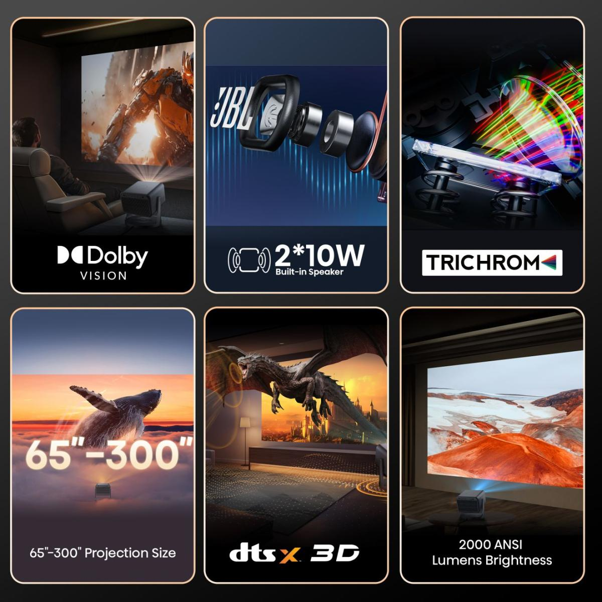 Projektor z Dolby Vision, głośnikami JBL 2x10W, technologią Trichrom, rozmiarem 65-300", DTS:X 3D, 2000 lumenów ANSI.