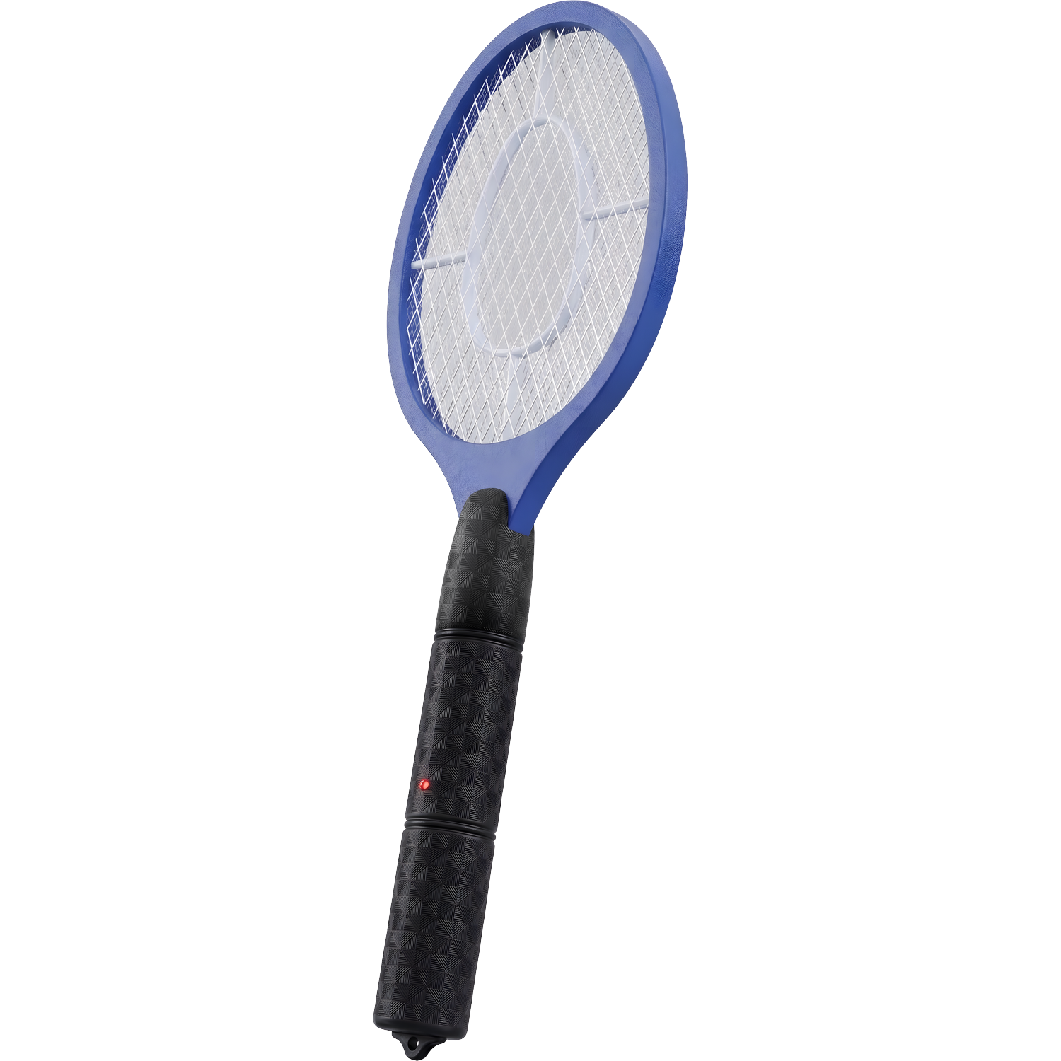 A blue fly swatter with a black handle and a red LED light.