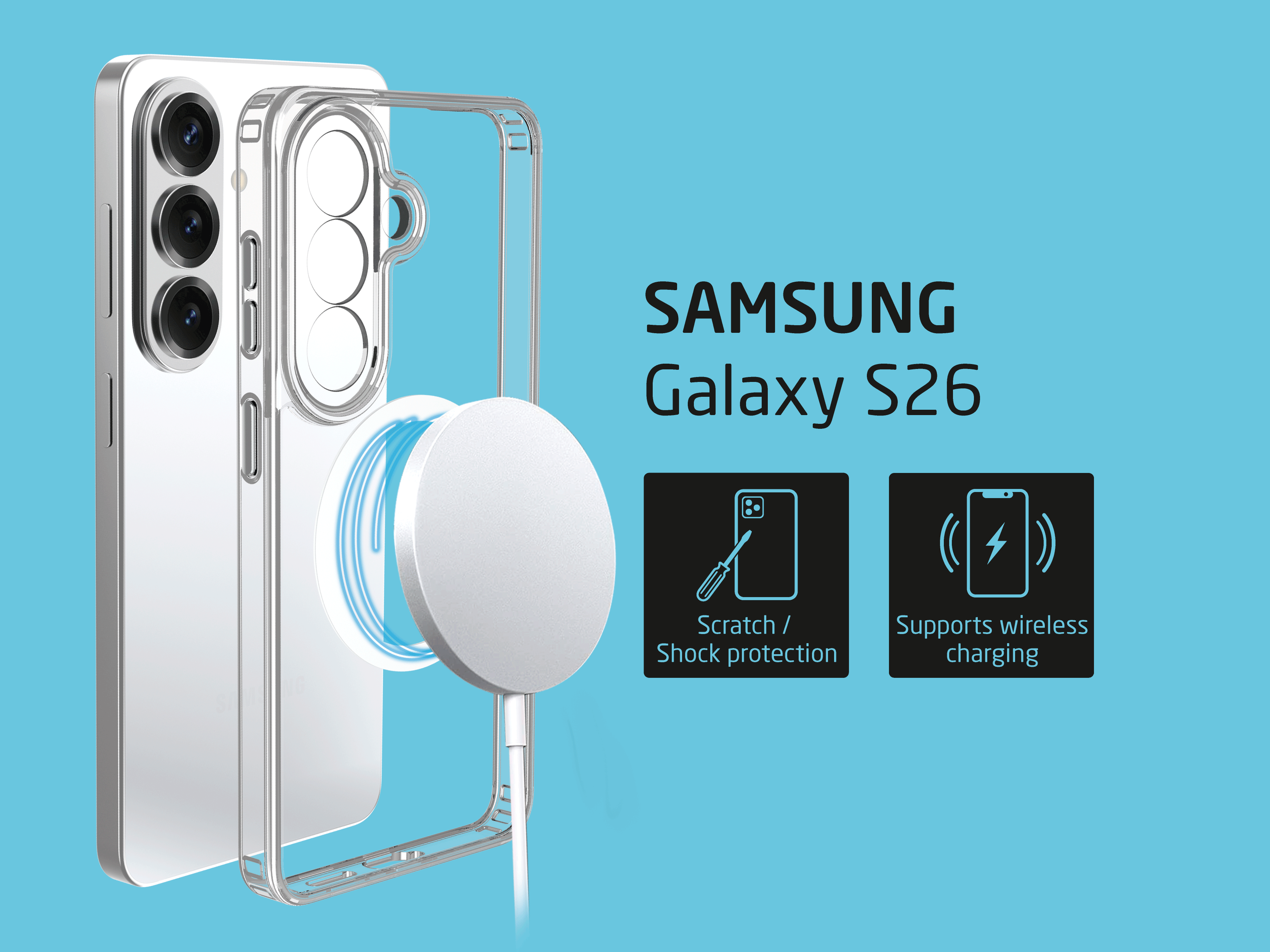 Samsung Galaxy S26 Hülle mit Kratz-/Stoßschutz und kabelloser Ladeunterstützung.