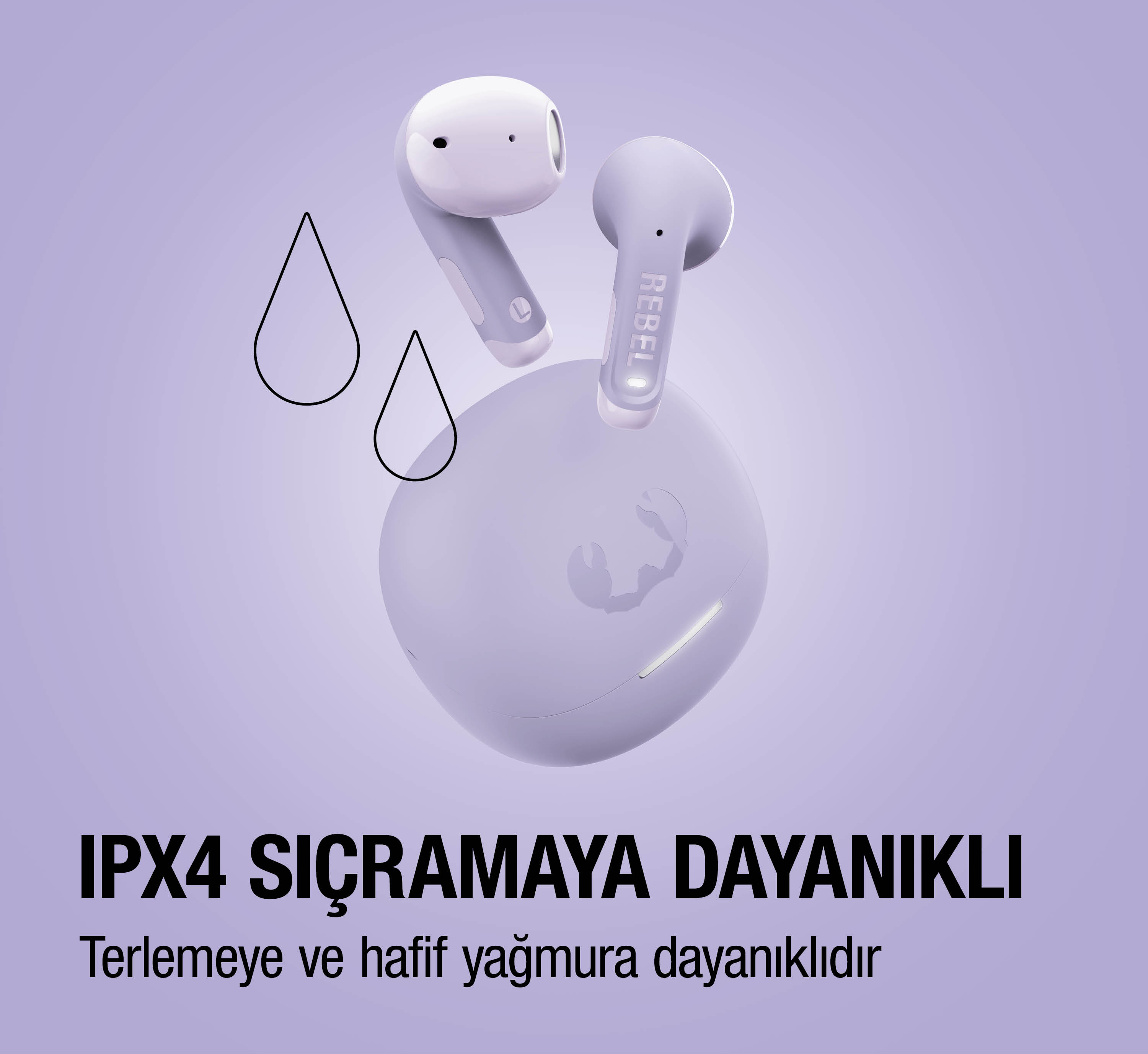 Mor kablosuz kulaklık şarj kutusuyla birlikte, sıçramaya dayanıklı.