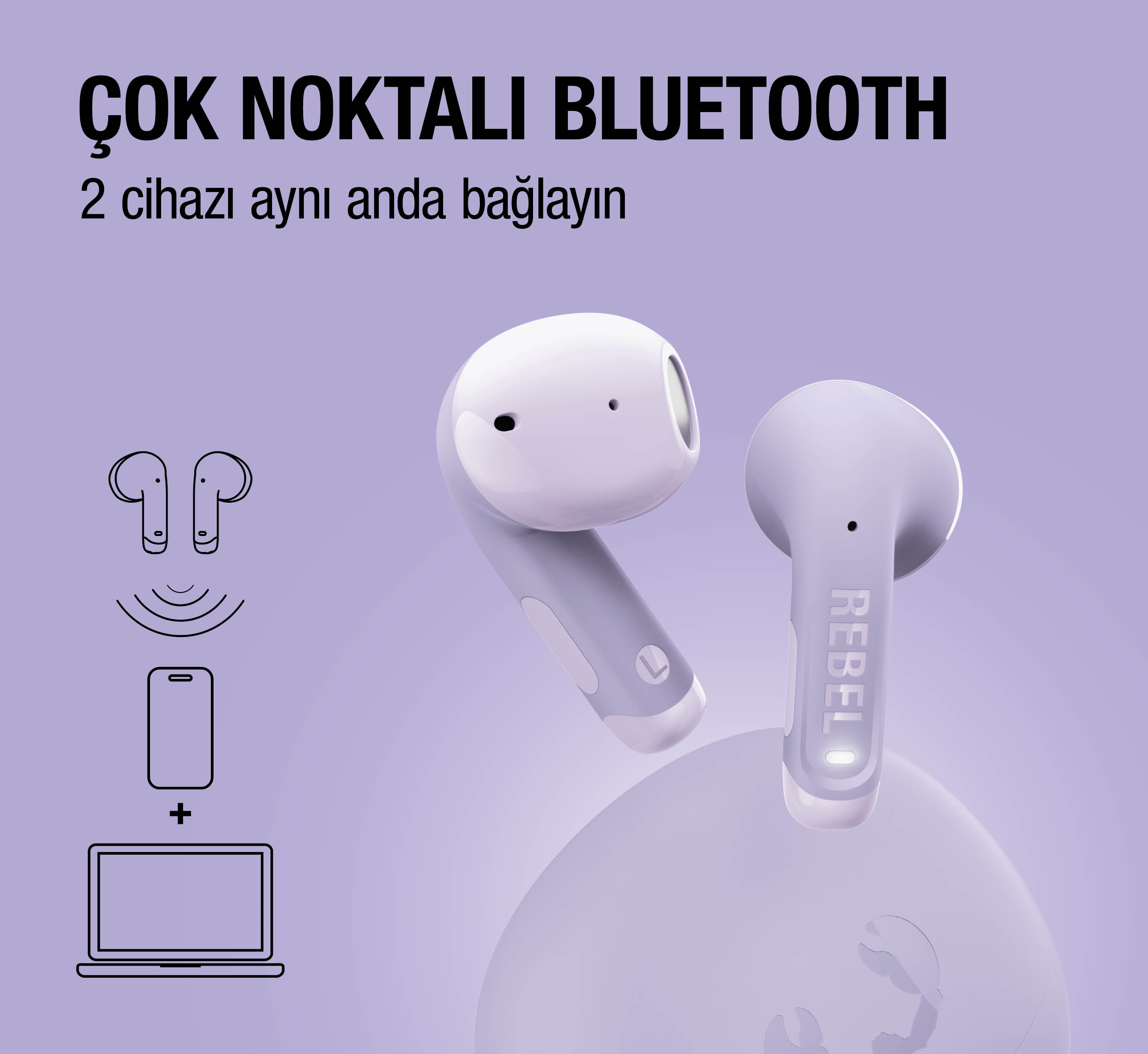 Şarj kutusu ve bağlantı simgeleri olan iki mor kulaklık.