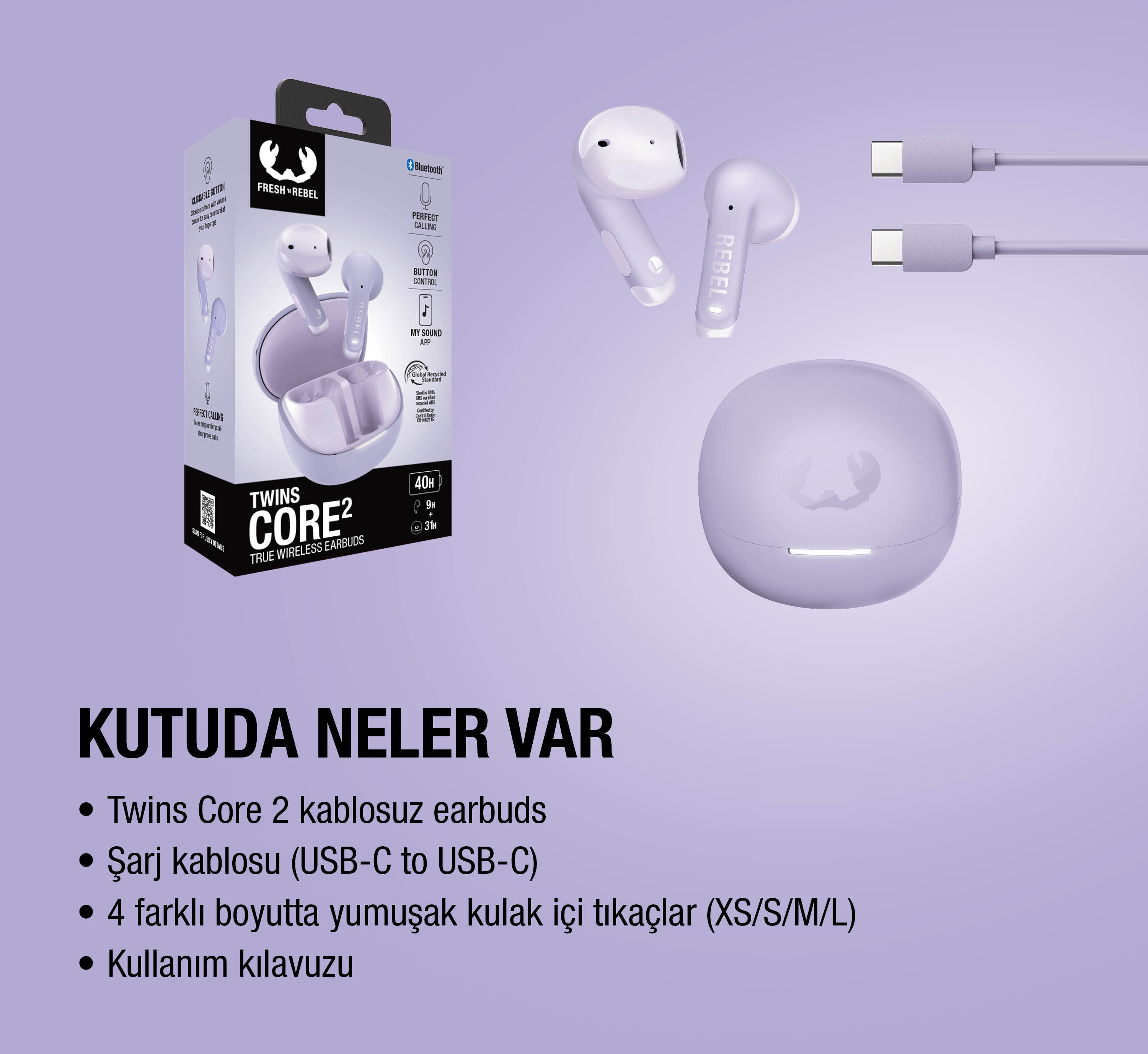 Açık mor kablosuz kulaklık ve USB-C kablolu şarj kutusu.